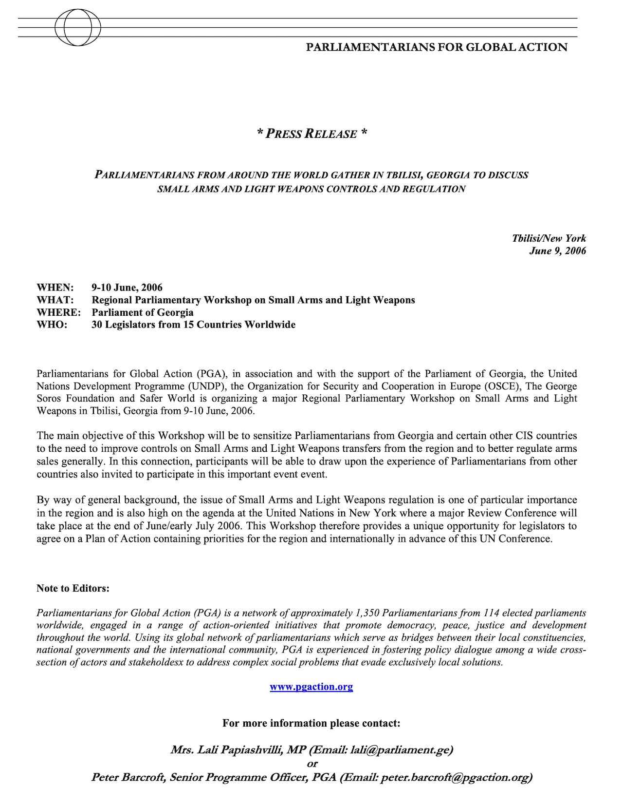 Parliamentarians Gather in Tbilisi, Georgia to Discuss Small Arms and Light Weapons Controls and Regulation