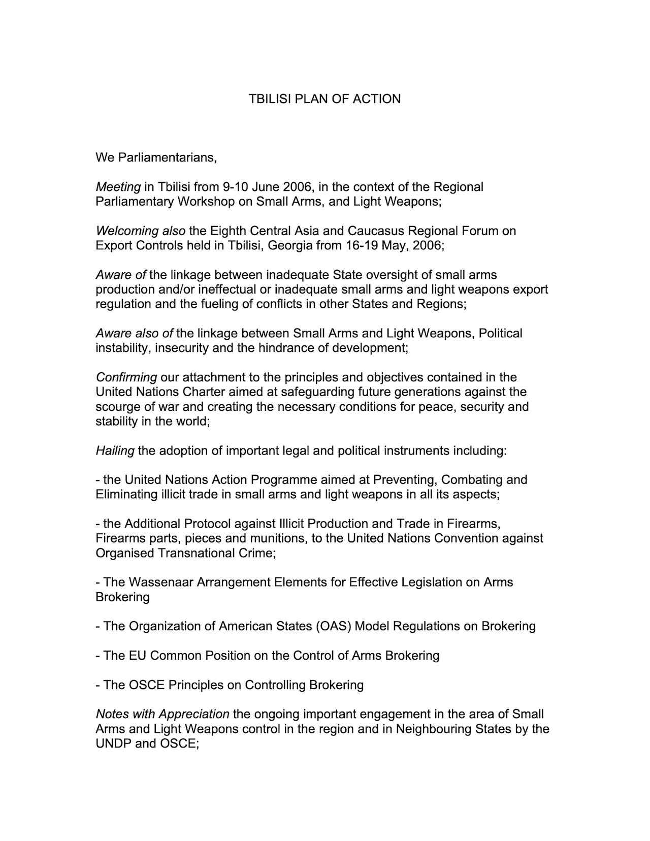 Tbilisi Plan of Action (Jun. 2006)
