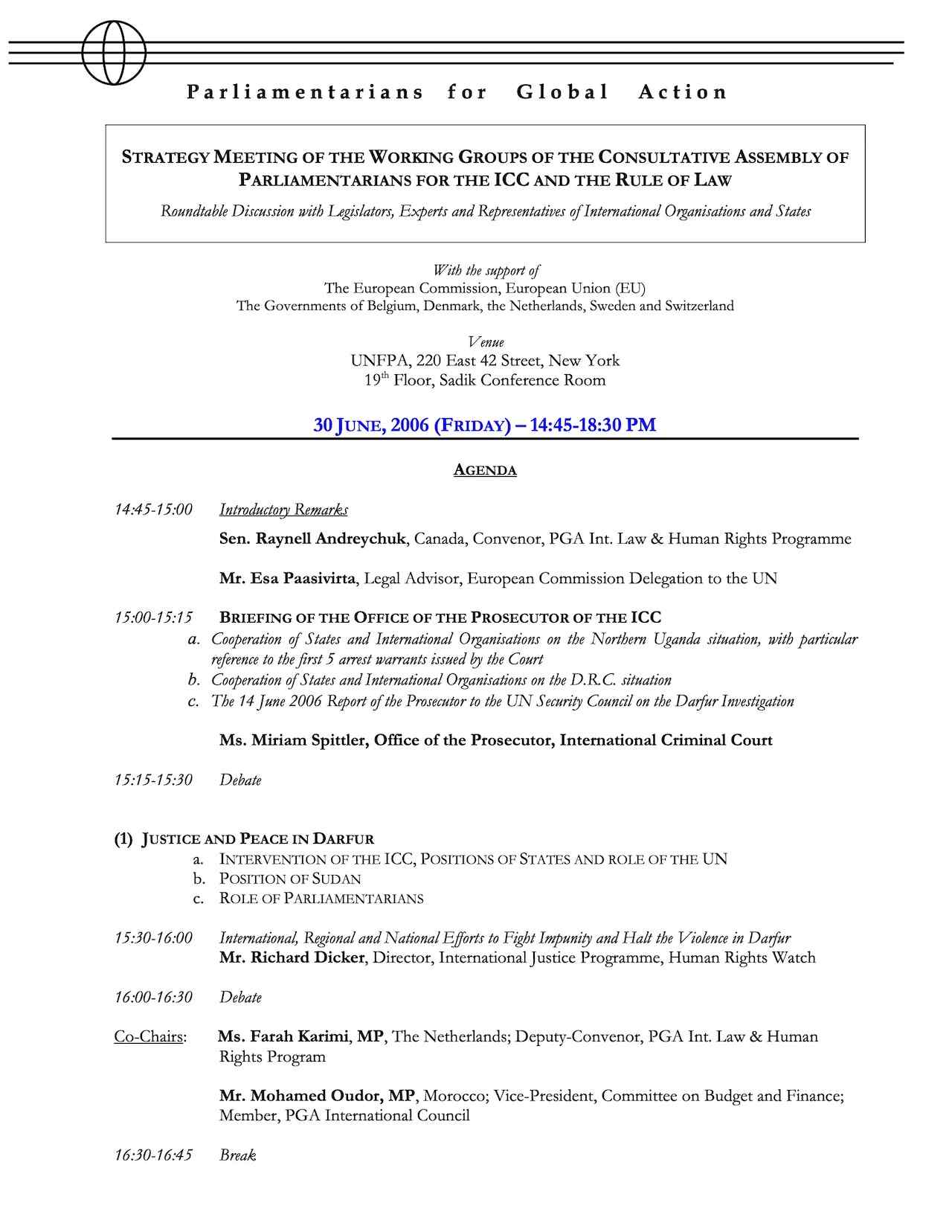 Agenda: Strategy Meeting of the Working Groups of the Consultative Assembly of Parliamentrians for the ICC and the Rule of Law (Jun. 2006)