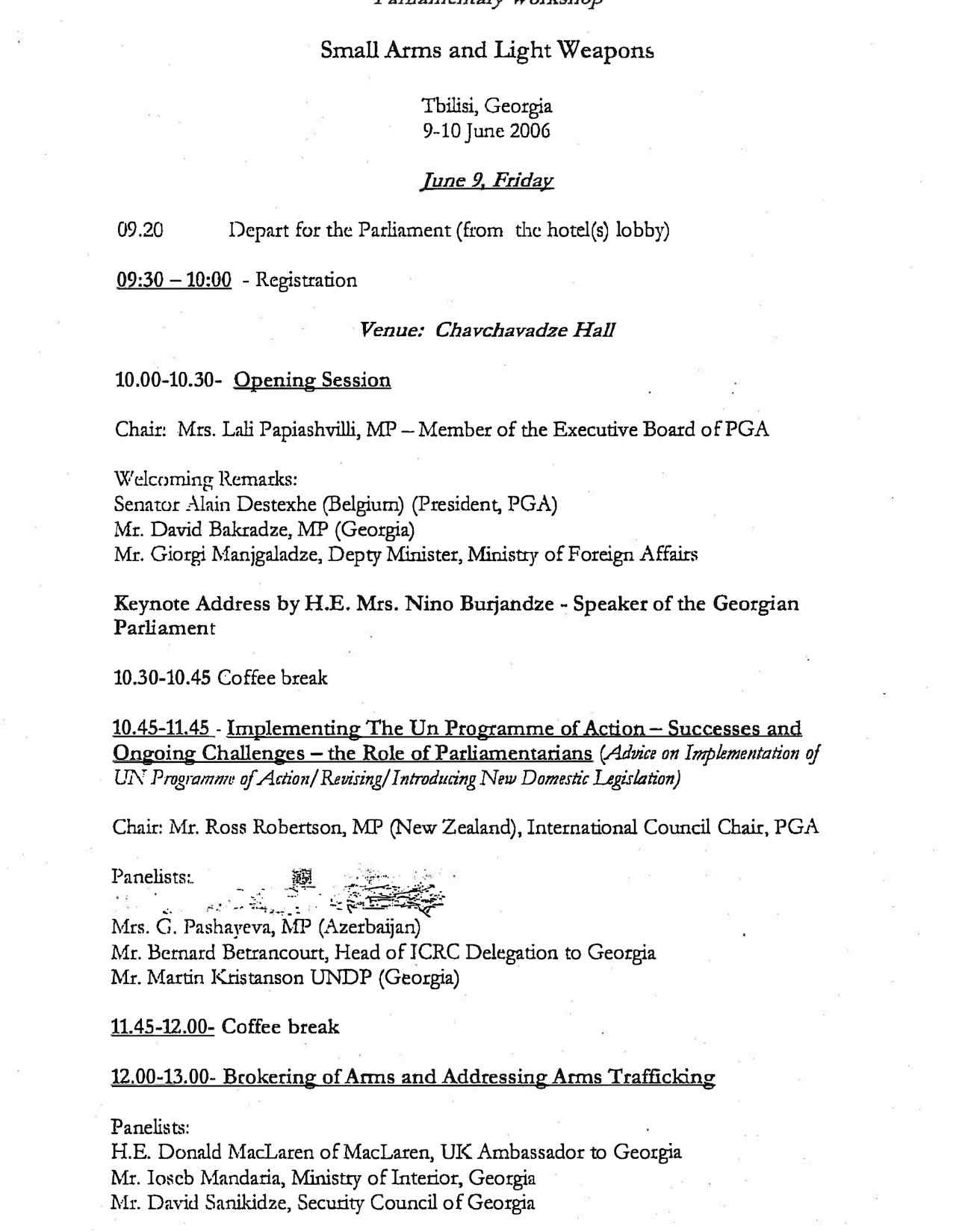 Agenda: Parliamentary Workshop - Small Arms and Light Weapons - Tbilisi, Georgia (Jun. 2006)