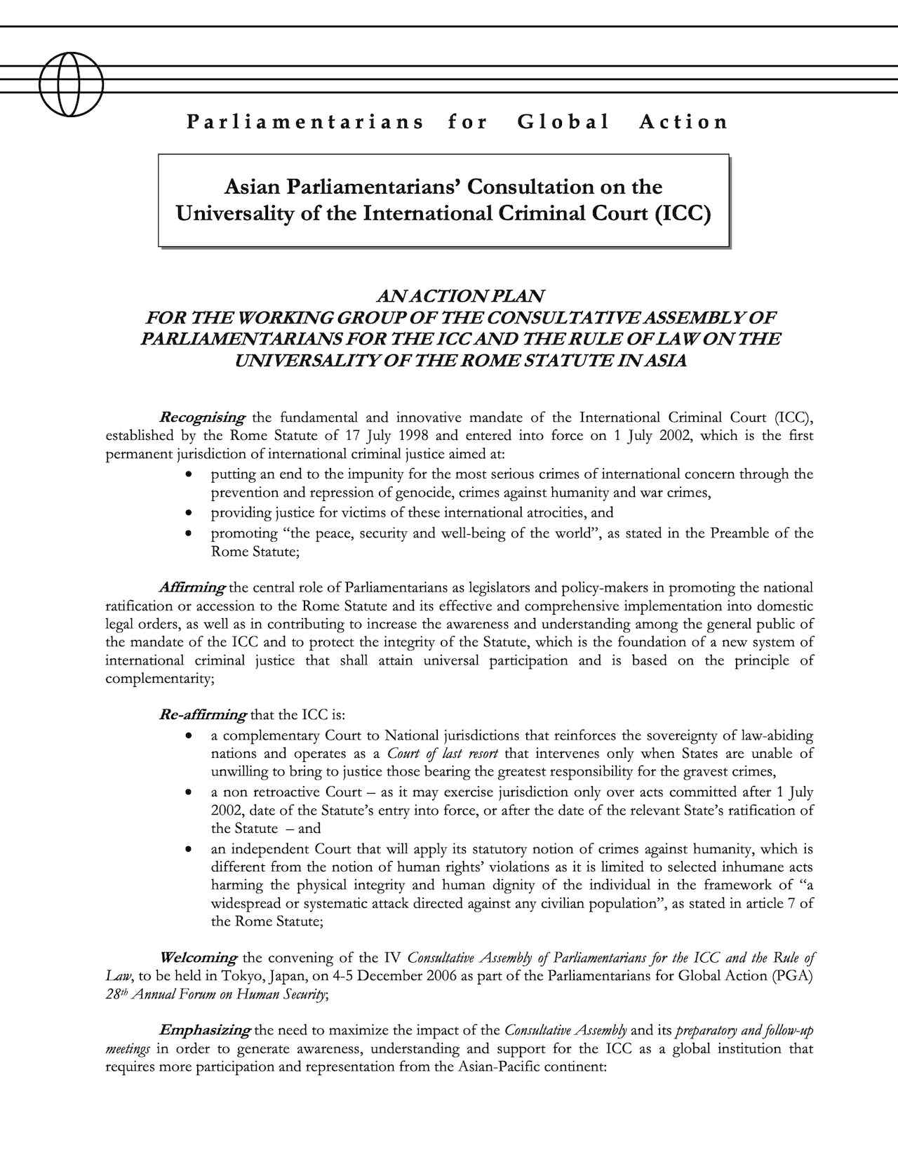 Action Plan for the Working Group of the CAP-ICC - Asian Parliamentarians' Consultation on the Universality of the ICC