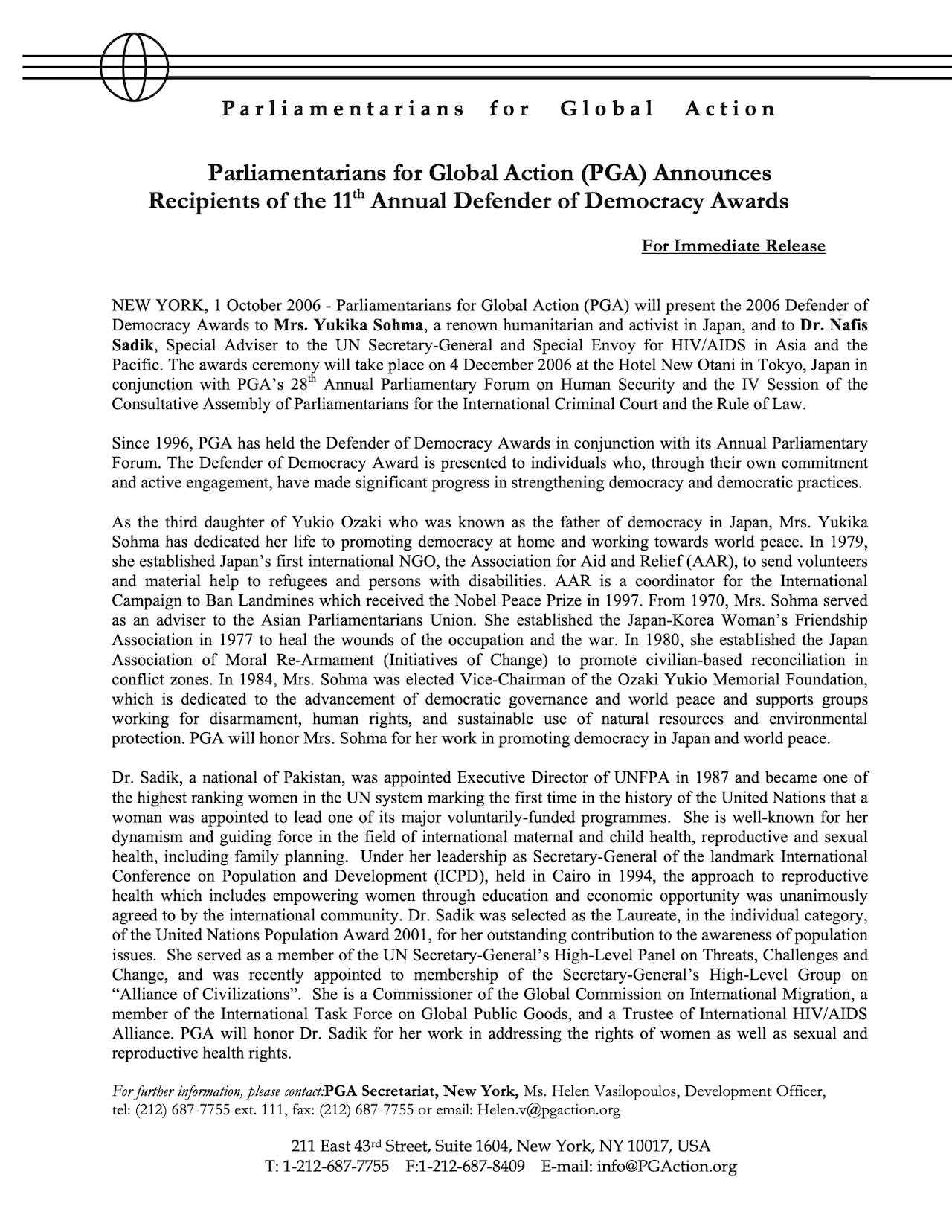 PGA Announces Recipients of the 11th Annual Defender of Democracy Awards