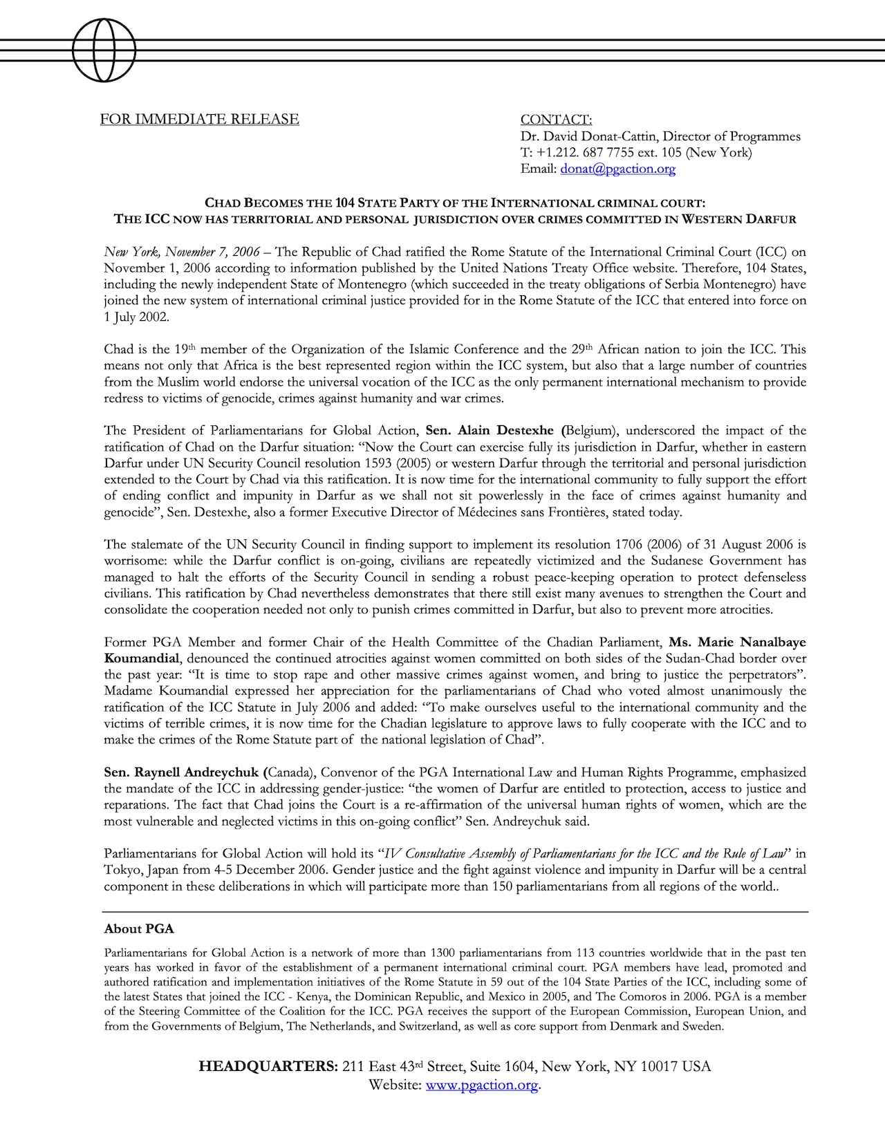 Chad Becomes the 104th State Party of the International Criminal Court (Nov. 2006)