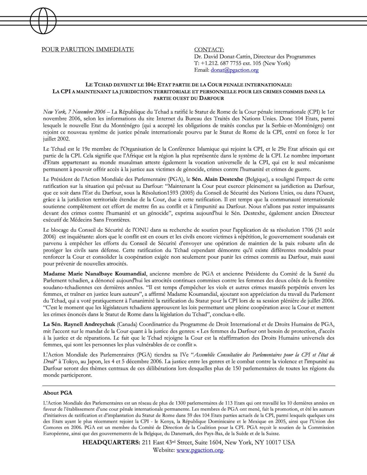 Le Tchad Devient Le 104e Etat Partie De La Cour Penale Internationale (Nov. 2006)