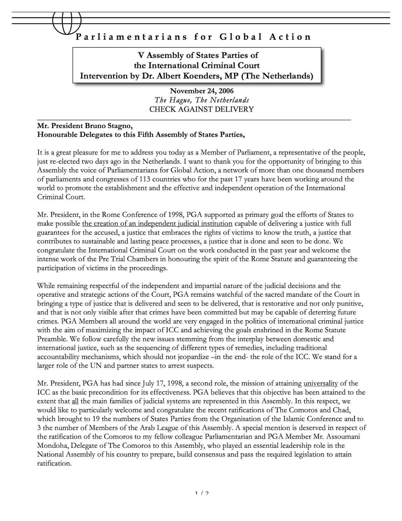 Speech by Mr. President Bruno Stagno, Fifth Assembly of States Parties (Nov. 2006)