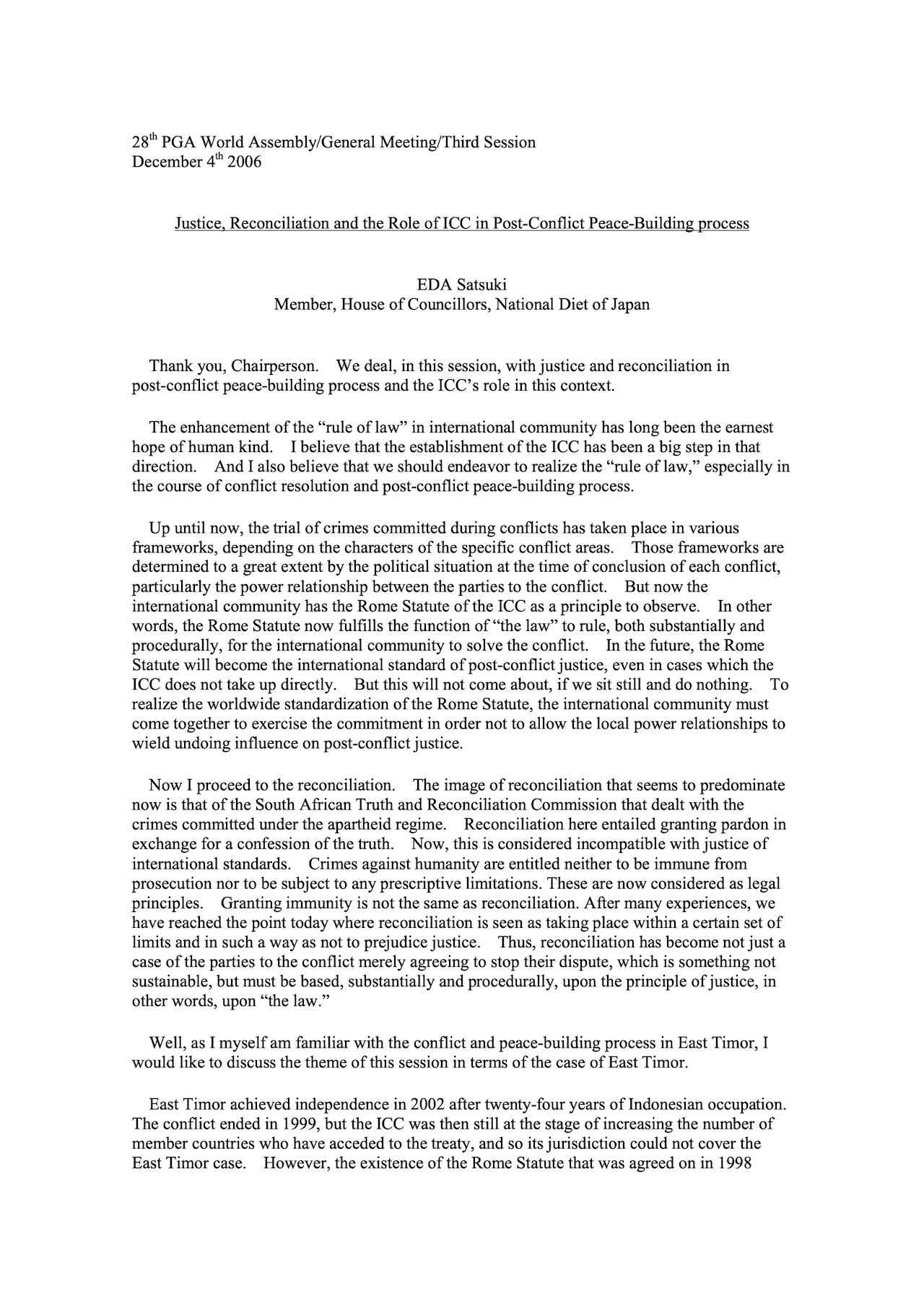 Speech by EDA Satsuki - 28th Annual Forum (Dec. 4th 2006)