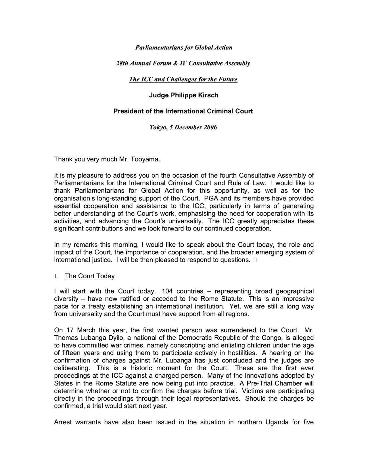 Speech: Judge Philippe Kirsch, President of the ICC (Tokyo, 5 December 2006)