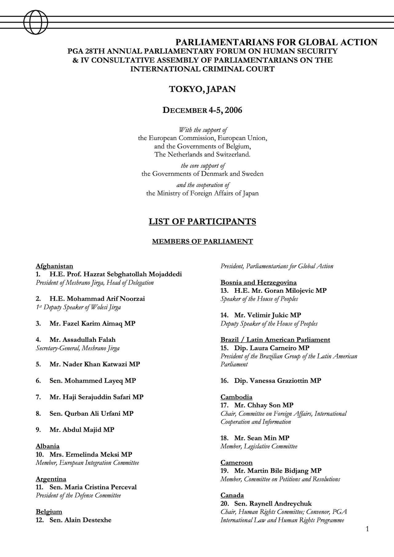 List of Participants: PGA 28th Annual Parliamentary Forum on Human Security