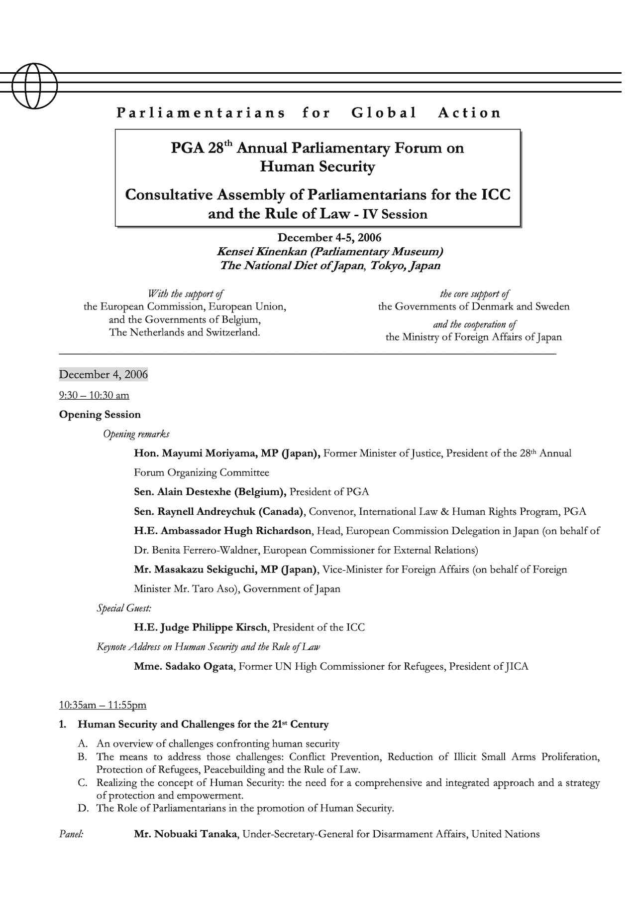 Agenda: PGA 28th Annual Parliamentary Forum on Human Security