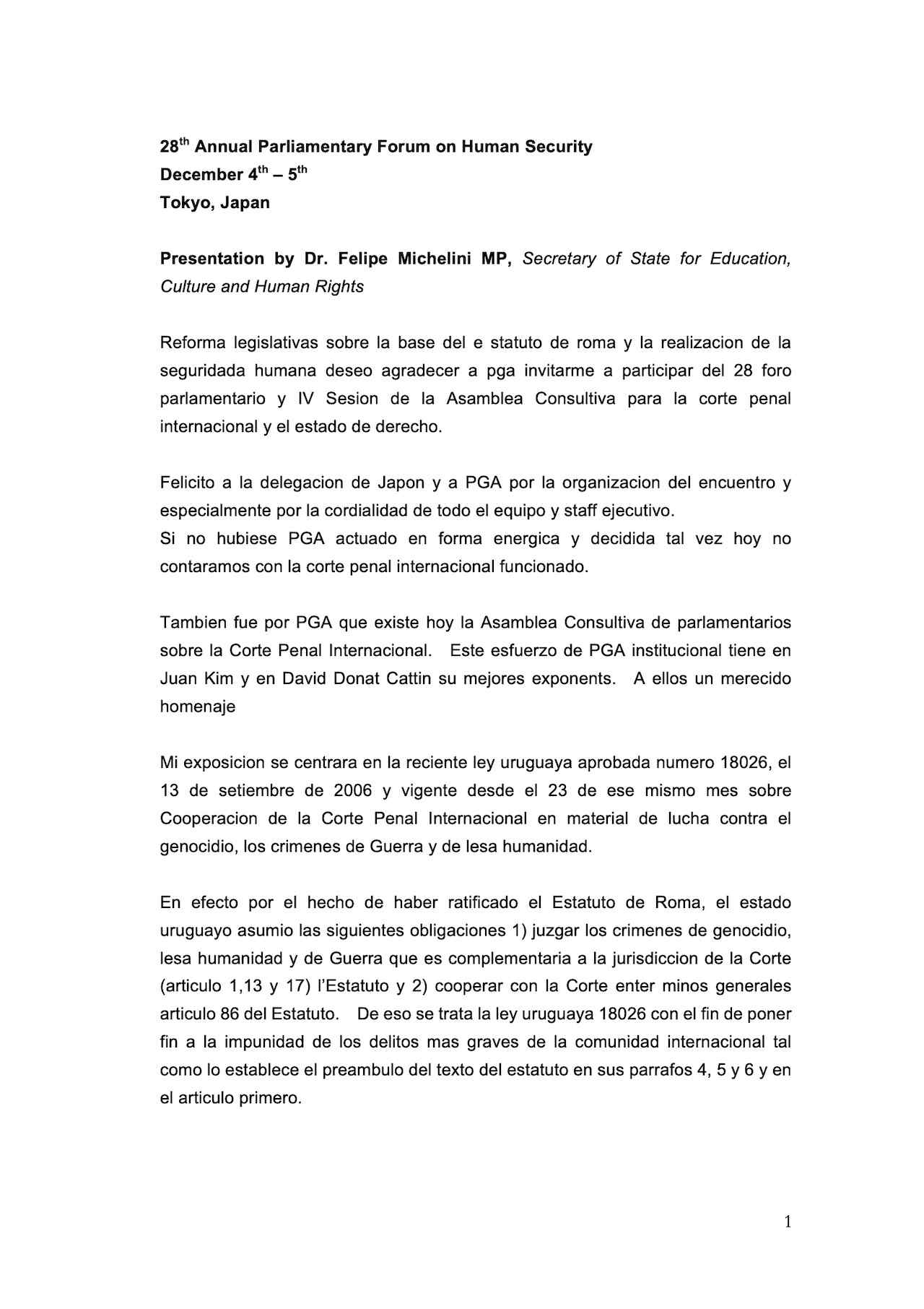 Presentation by Dr. Felipe Michelini MP (Dec. 2006)