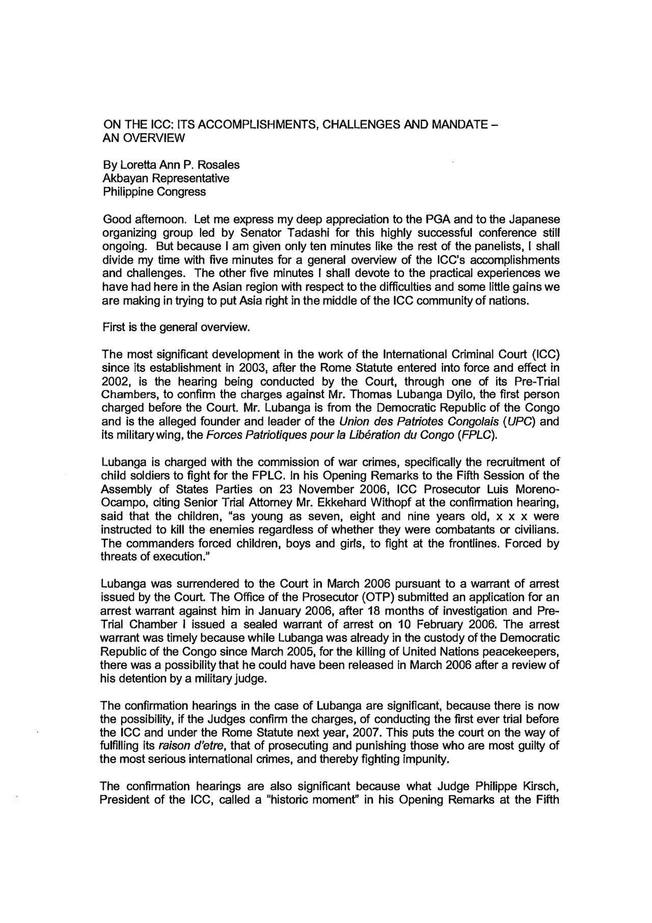 Speech by Loretta Ann P. Rosales: On the ICC - Its Accomplishments, Challenges and Mandate