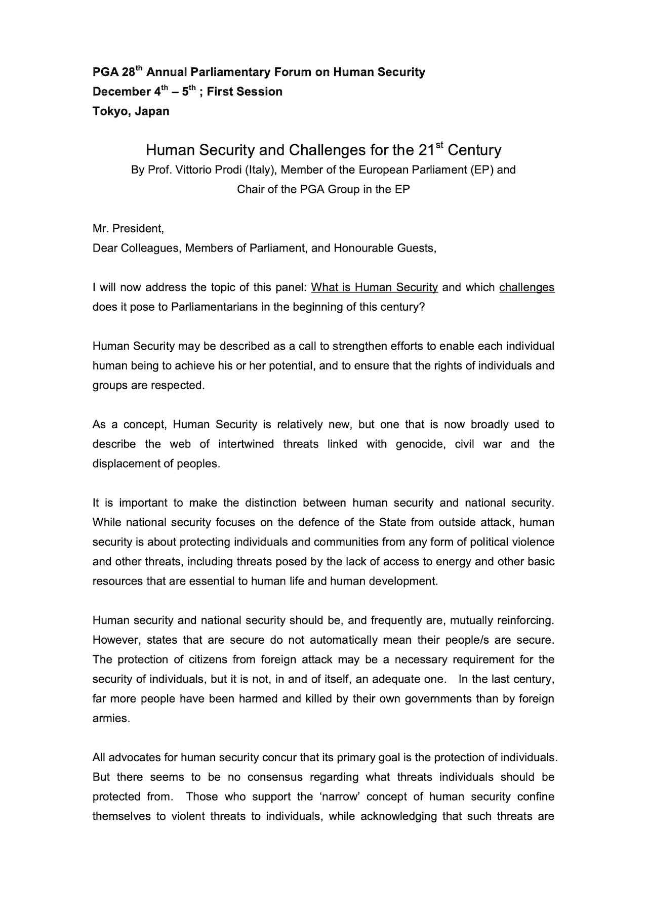 Remarks by Prof. Vittorio Prodi: Human Security and Challenges for the 21st Century