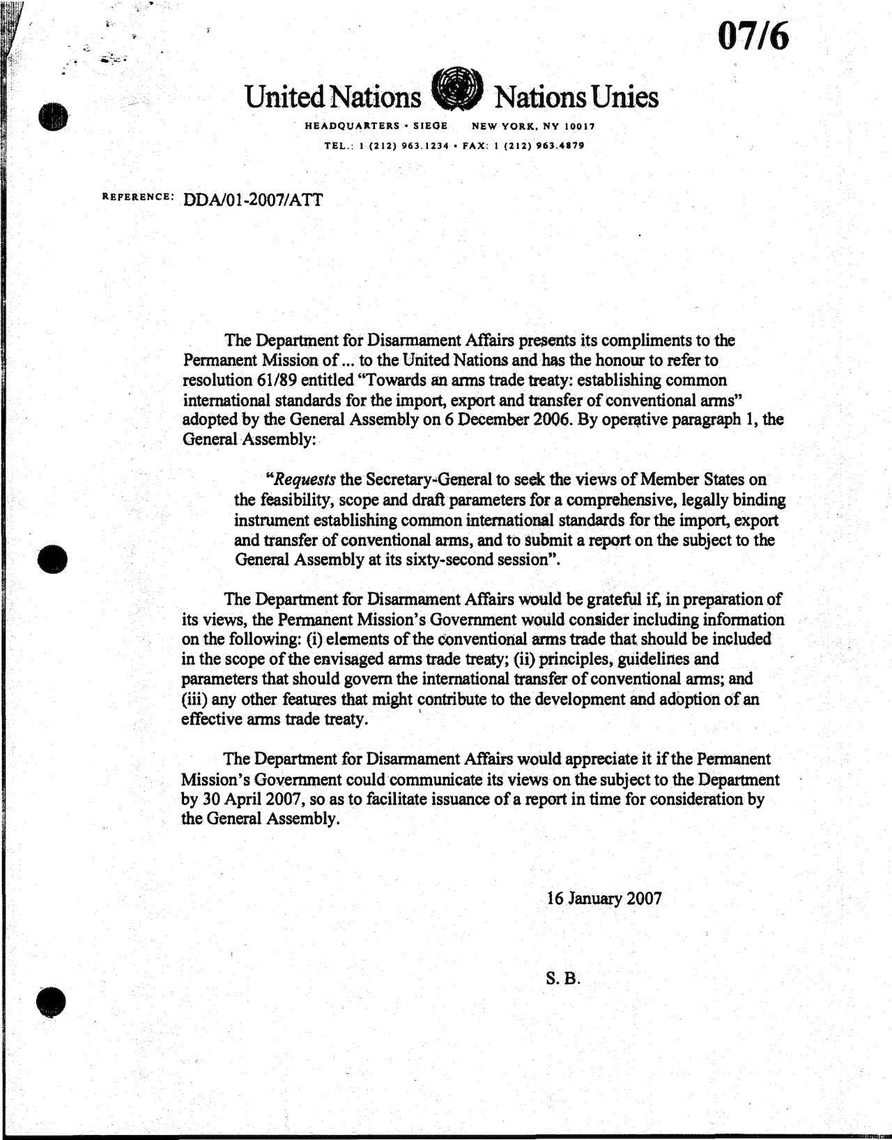 Letter of Department for Disarmamaent Affairs