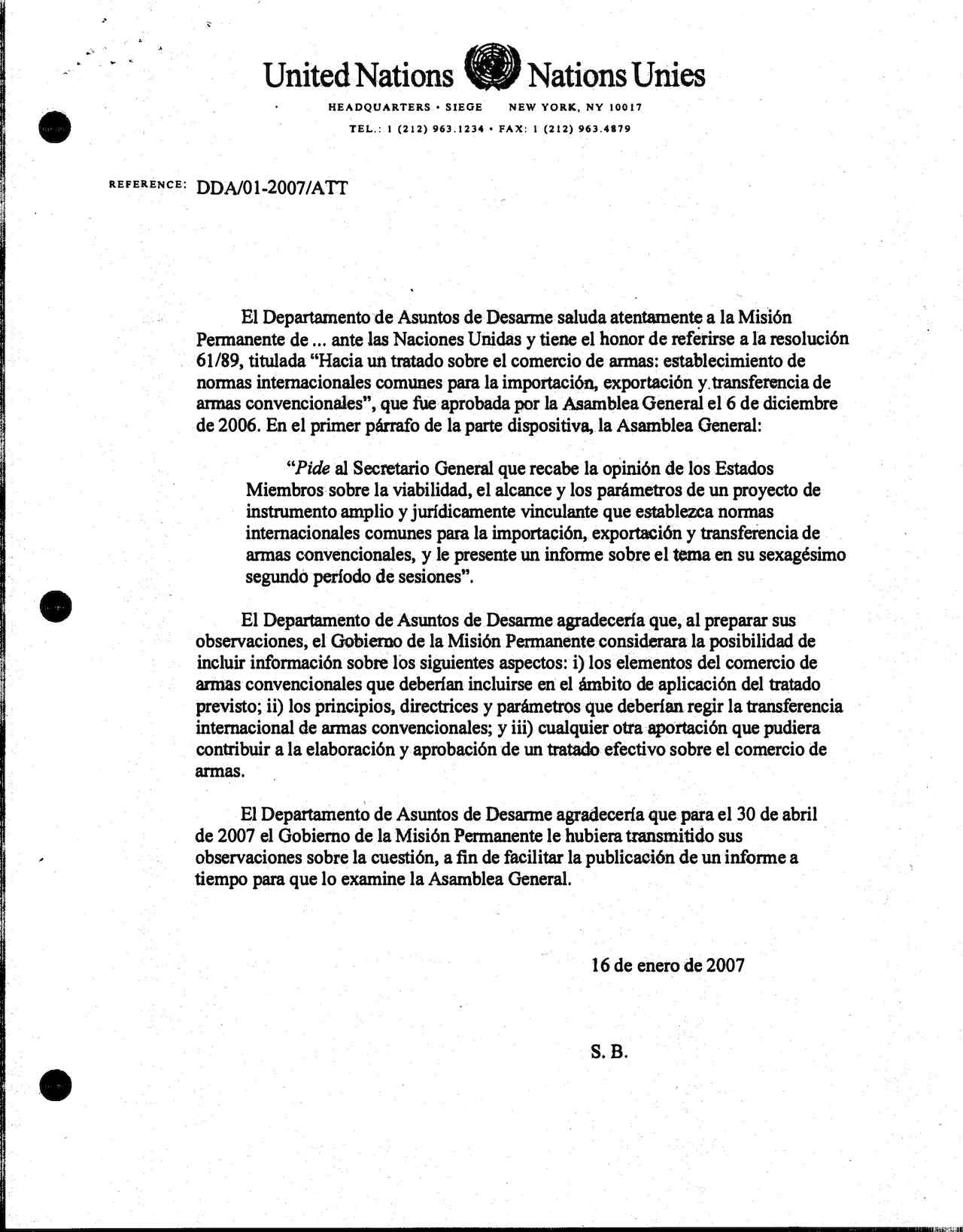 El Departamento de Asuntos de Desarme saluda atentament+262:334