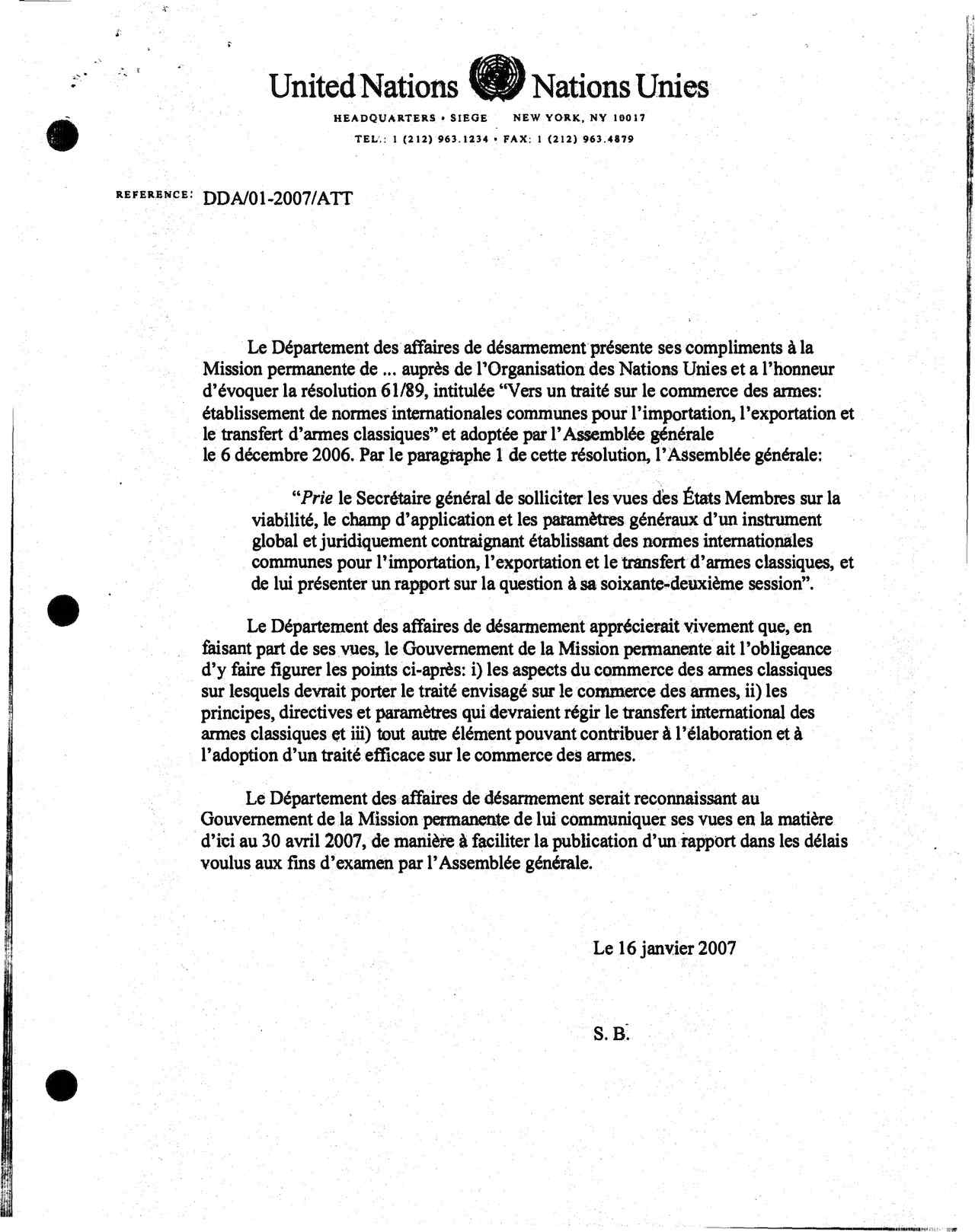 Le Département des affaires de désarmementprésente ses compliments