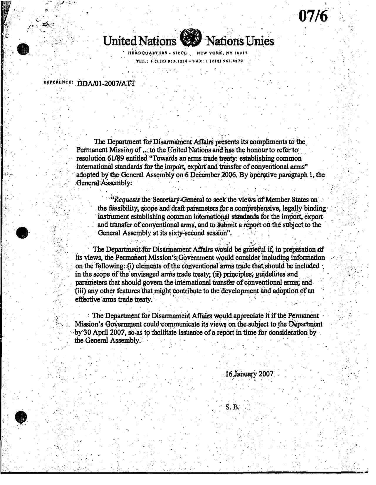 Letter of Department for Disarmament Affairs
