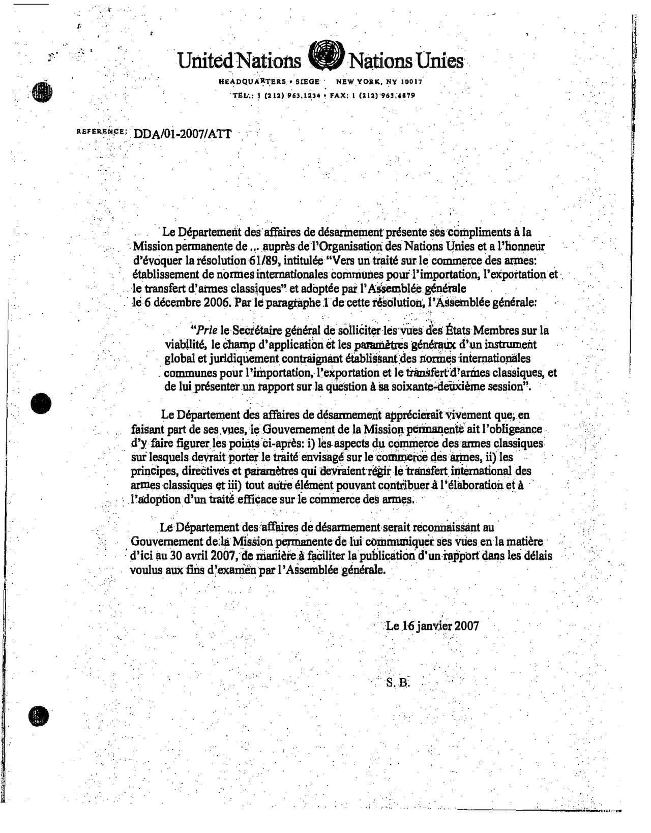 Le Département deif affaires de désarmement présente ses compliinents