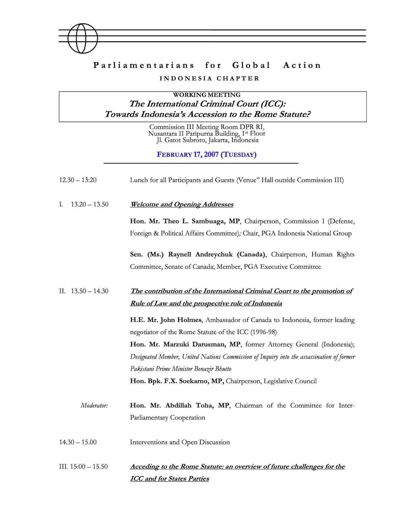Agenda: Towards Indonesia’s Accession to the Rome Statute? (Feb. 2007)