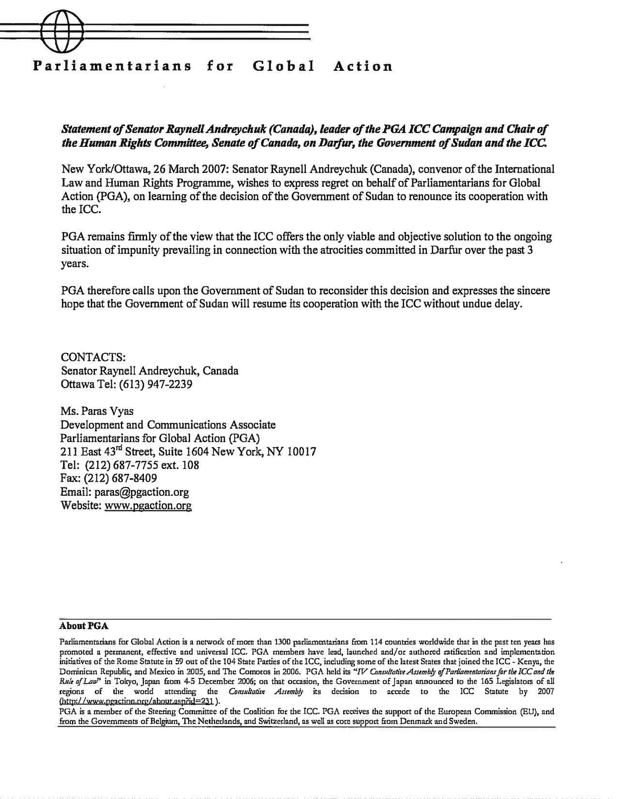 Statement of Senator Raynell Andreychuk (Canada)