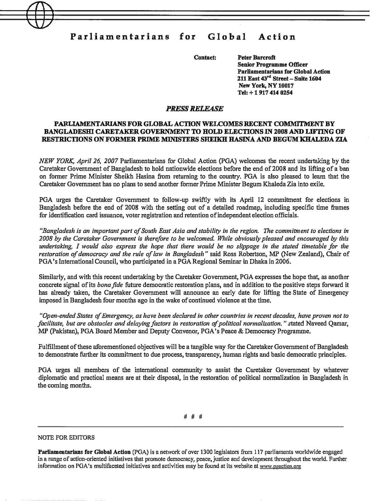 PGA Welcomes Commitment by Bangladeshi Caretaker Government to Hold Elections in 2008