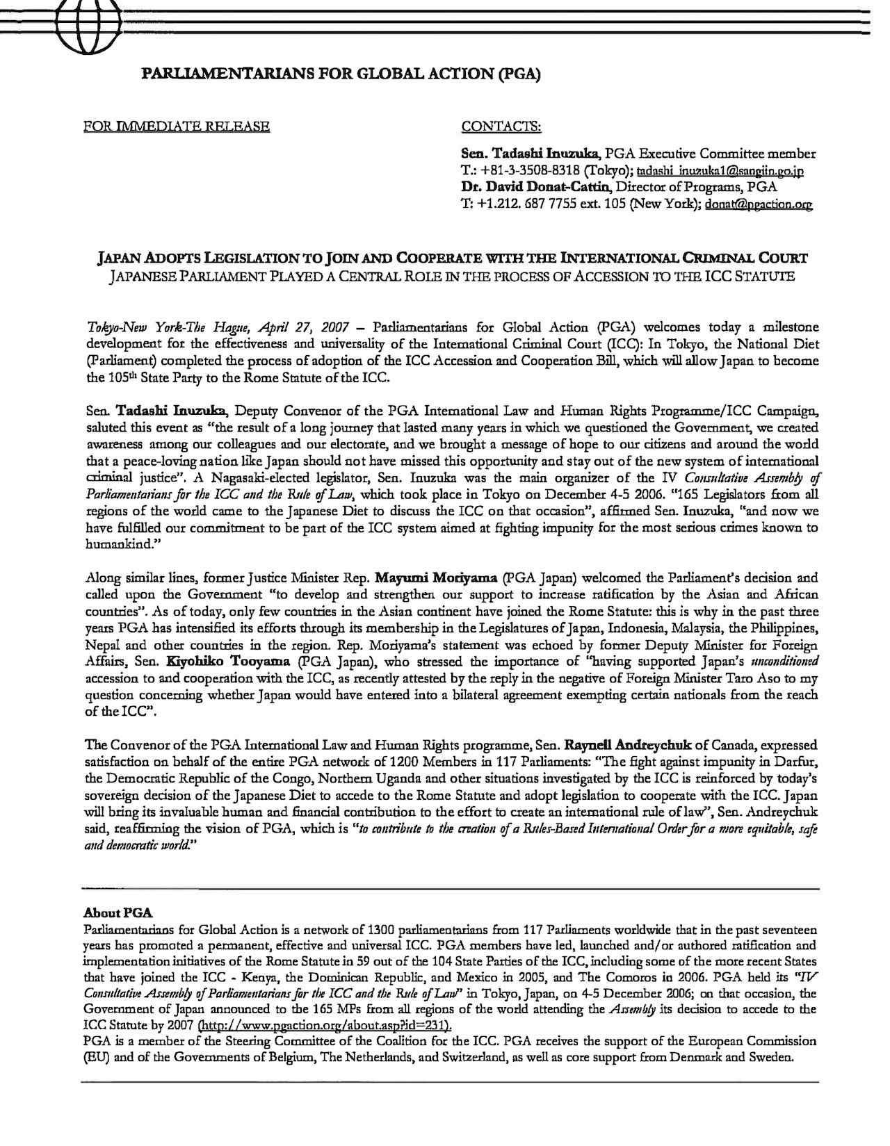 Japan Adopts Legislation to Join and Cooperate with the International Criminal Court (Apr. 2007)