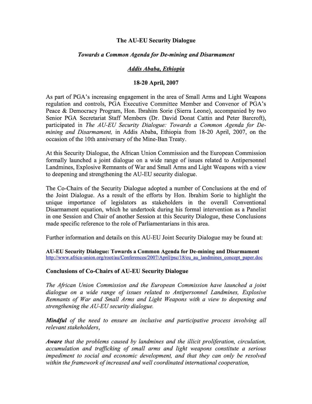 The AU-EU Security Dialogue: Towards a Common Agenda for De-mining and Disarmament