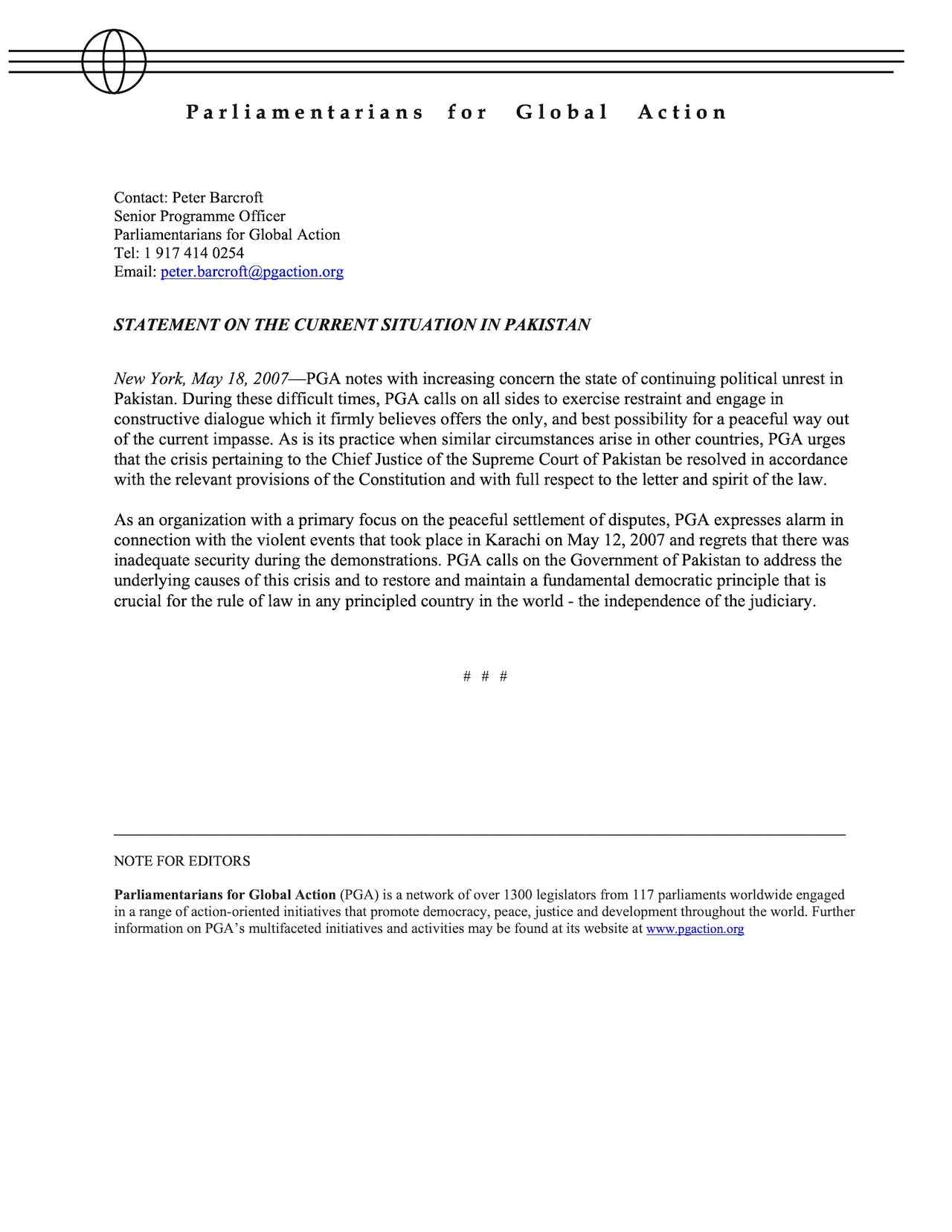 Statement on the Current Situation in Pakistan (May 2007)