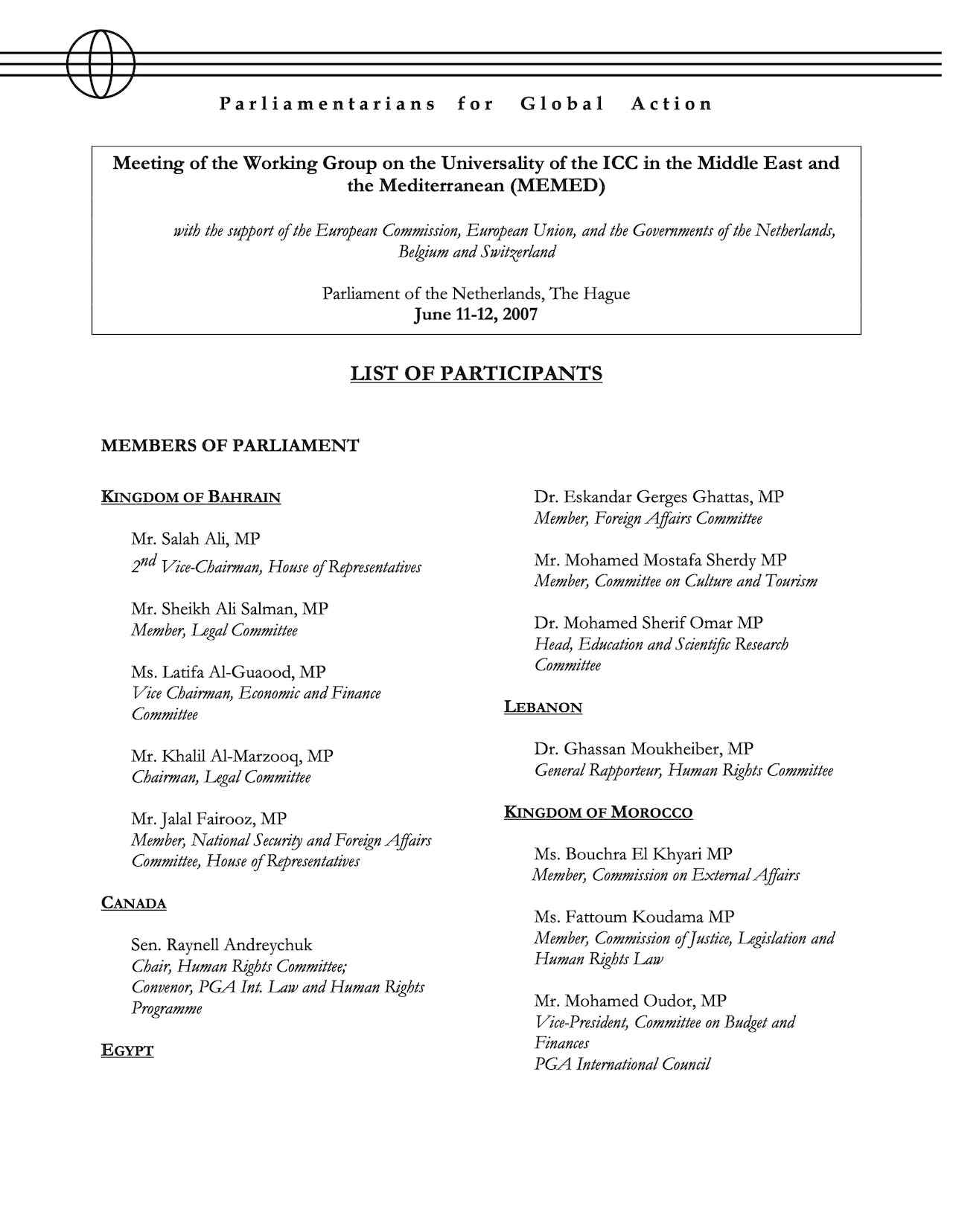 List of Participants: Meeting of the Working Group on the Universality of the ICC in the Middle East and the Mediterranean (MEMED) (June 2007)