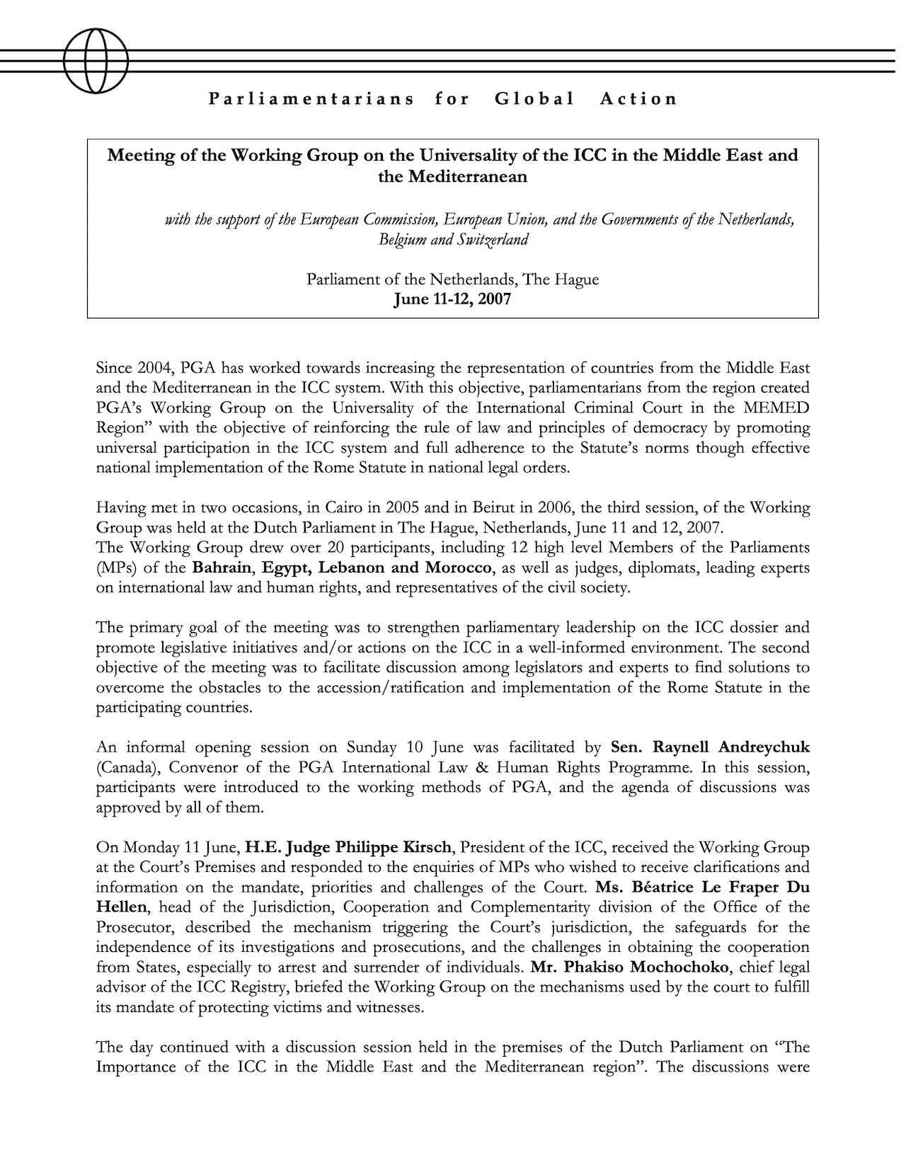 Meeting of the Working Group on the Universality of the ICC in the Middle East and the Mediterranean