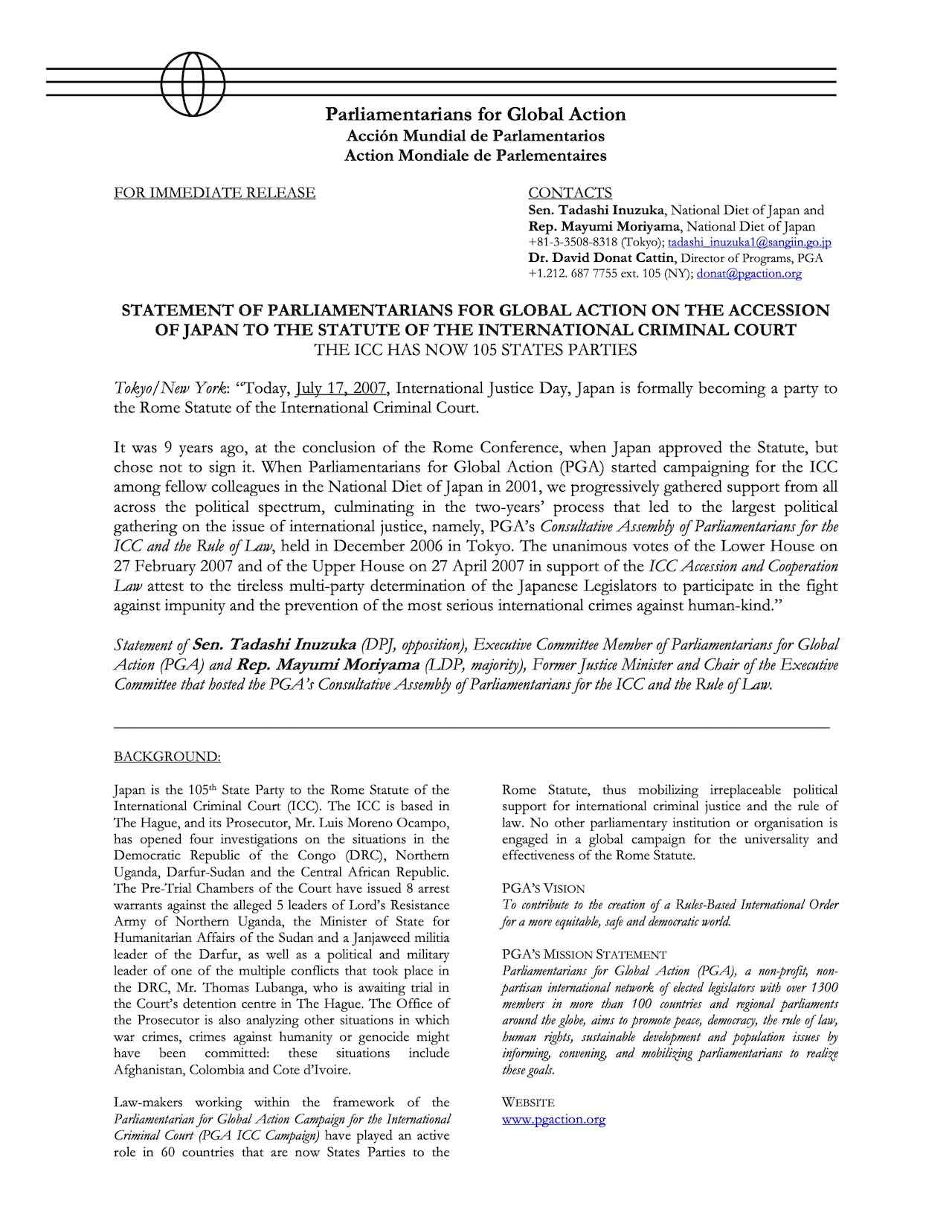 Japan Accedes to the Rome Statute of the International Criminal Court (Jul. 2007)