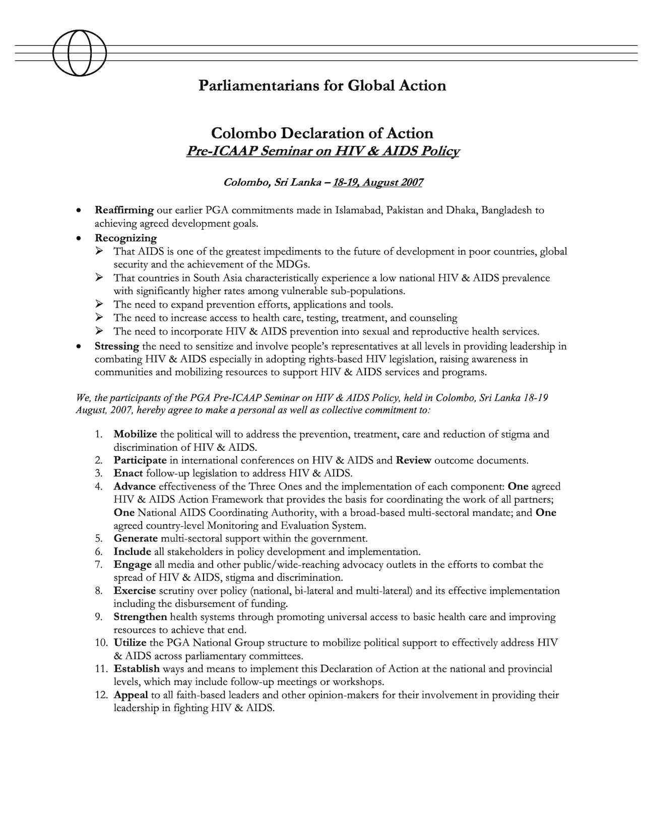 Colombo Declaration of Action (Aug. 2007)
