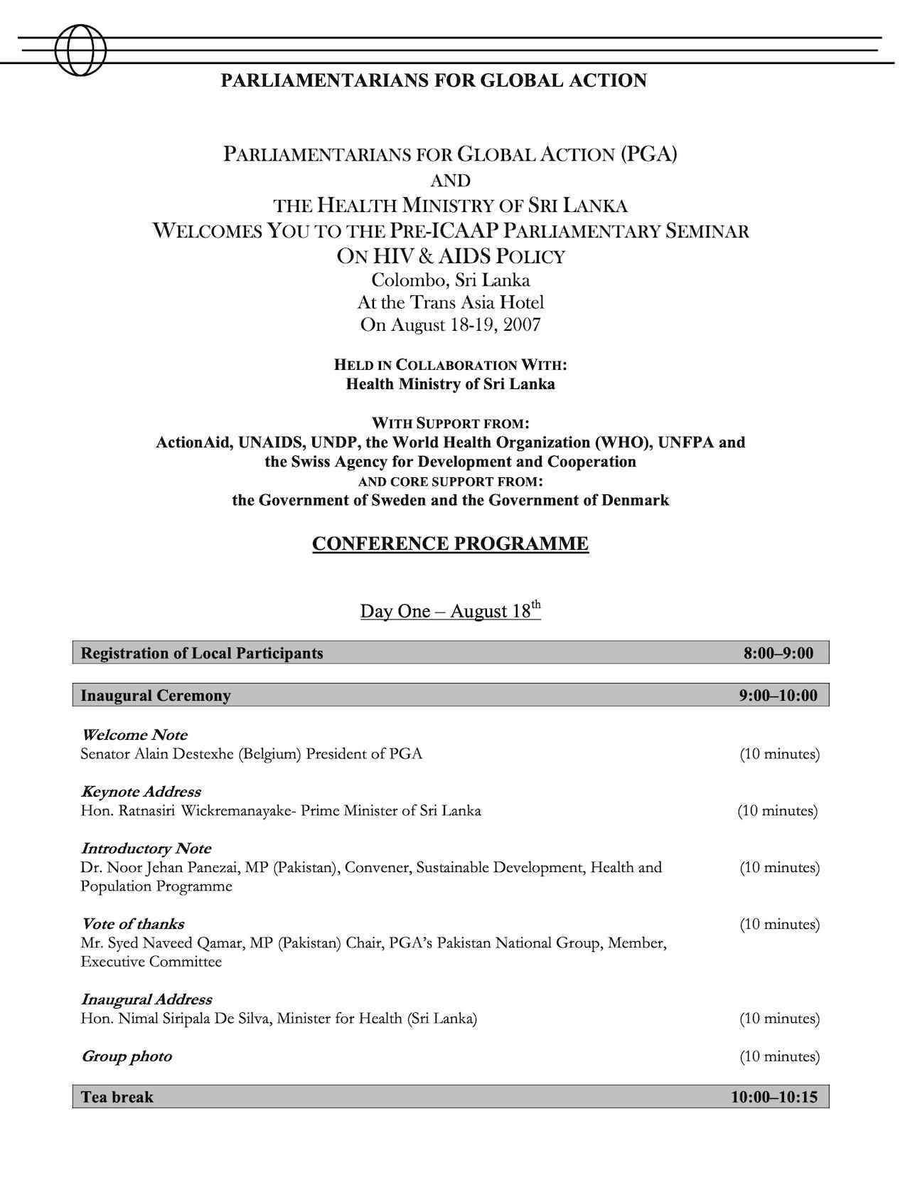 Agenda: Pre-ICAAP Parliamentary Seminar on HIV & AIDS Policy (Aug. 2007)