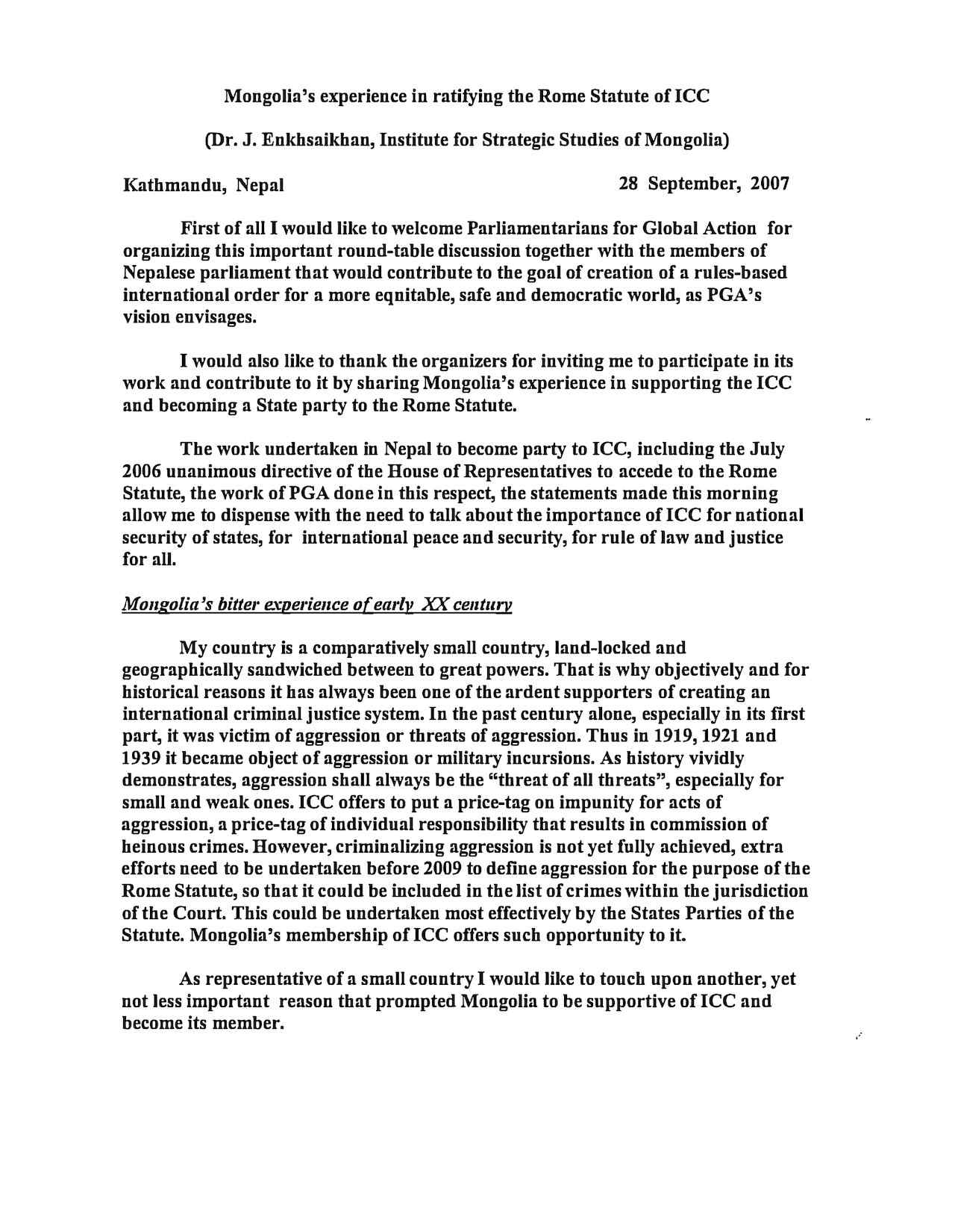 Mongolia's experience in ratifying the Rome Statute of ICC