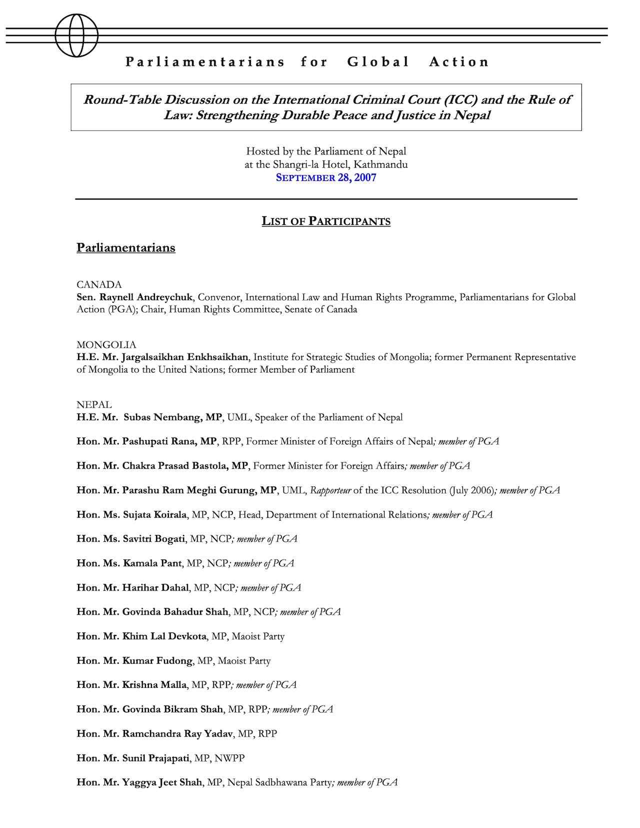 Roundtable Discussion on the International Criminal Court and the Rule of Law: Stregthening Durable Peace and Justice in Nepal