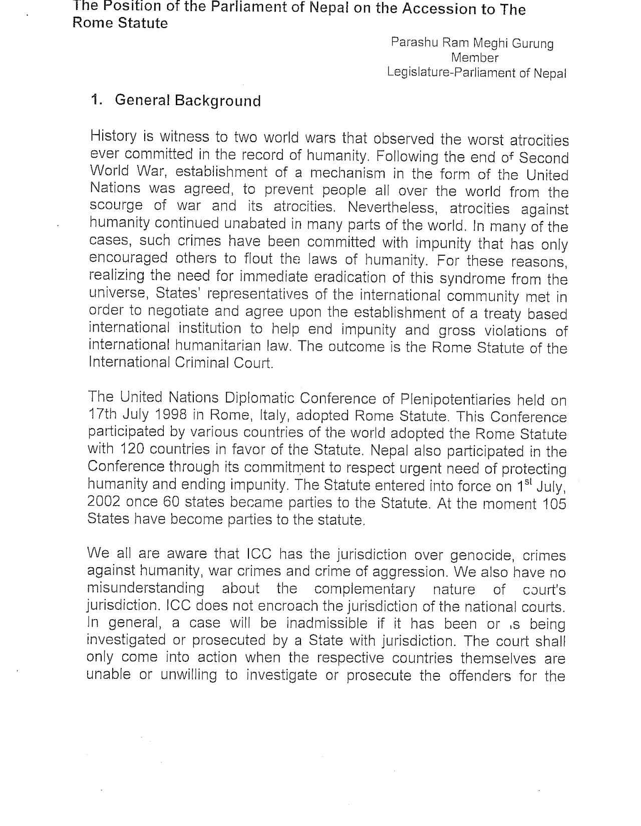 The Position of the Parliament of Nepal on the Accession to the Rome Statute