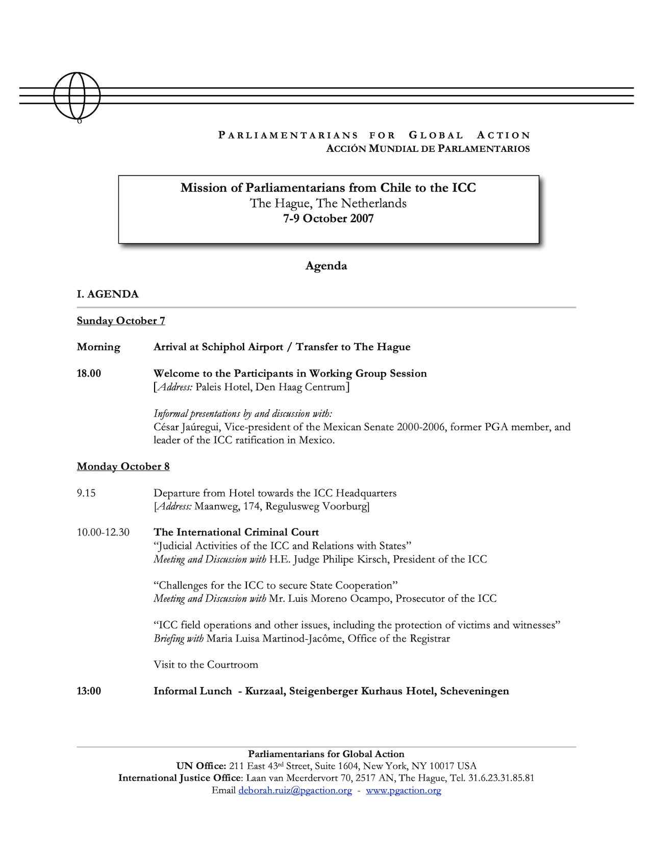 Agenda: Mission of Parliamentarians from Chile to the ICC