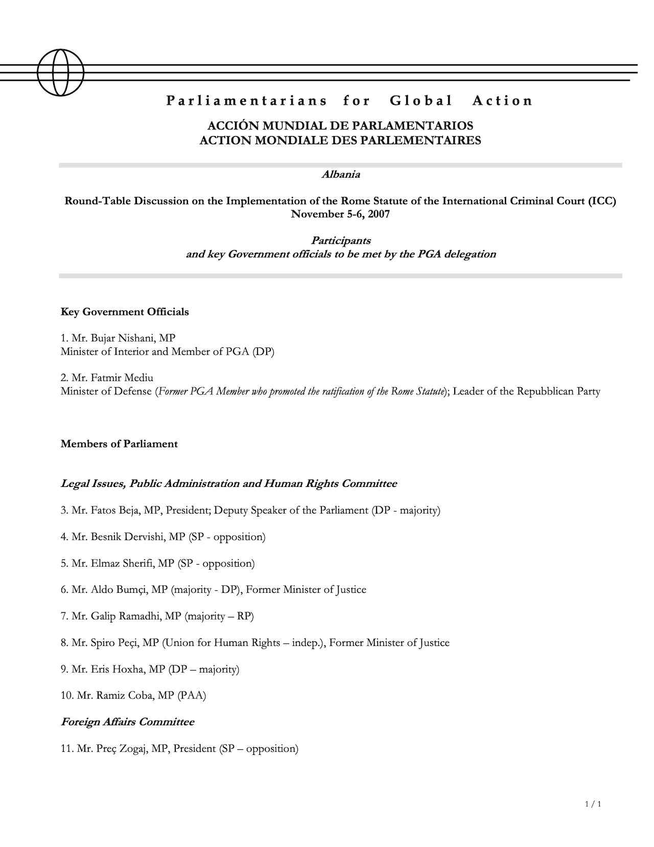List of Participants: Round-Table Discussion on the Implementation of the Rome Statute of the International Criminal Court (ICC)