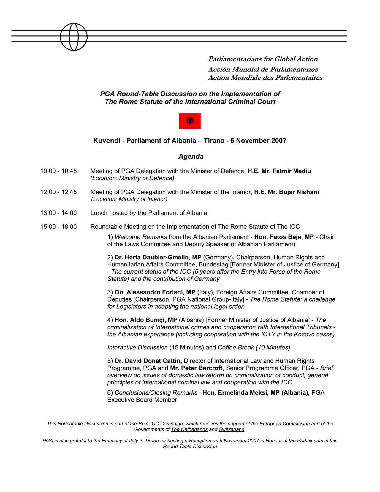 Agenda: PGA Round-Table Discussion on the Implementation of The Rome Statute of the International Criminal Court (Nov. 2007)