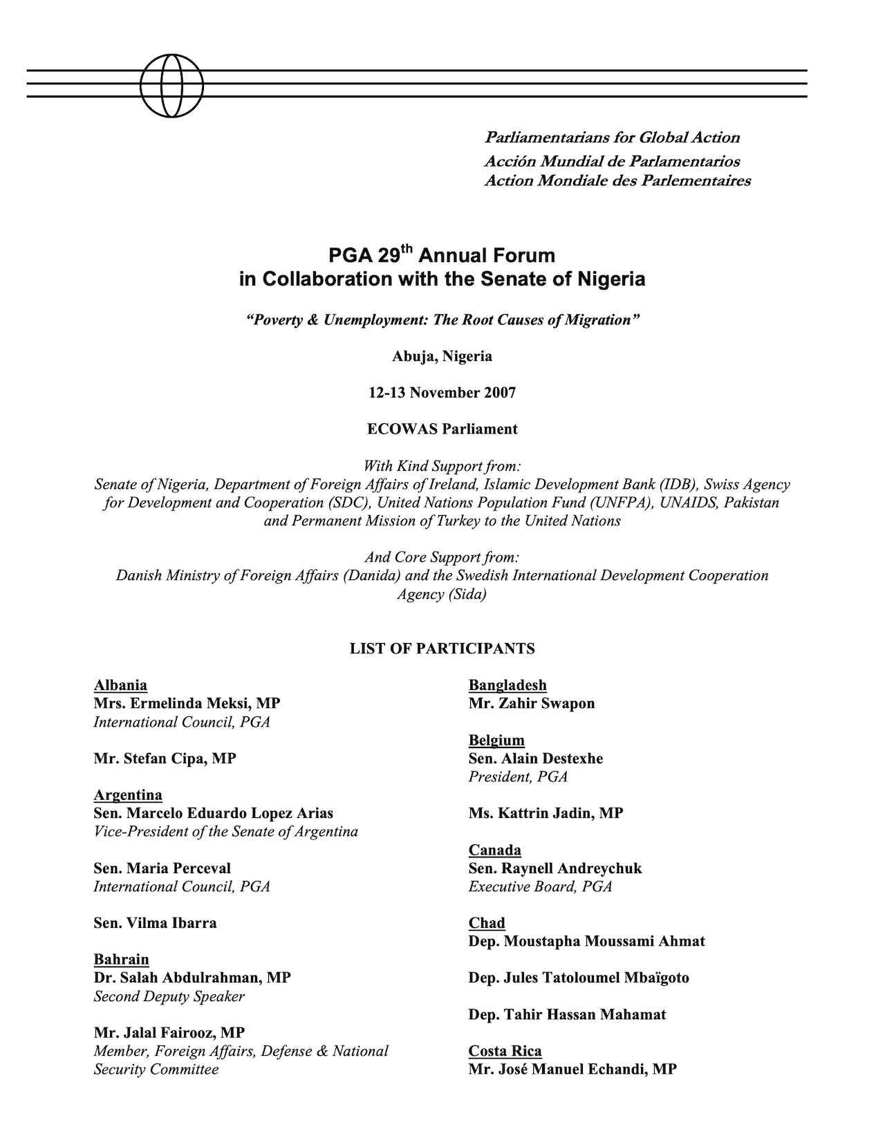 List of Participants: PGA 29th Annual Forum in Collaboration with the Senate of Nigeria