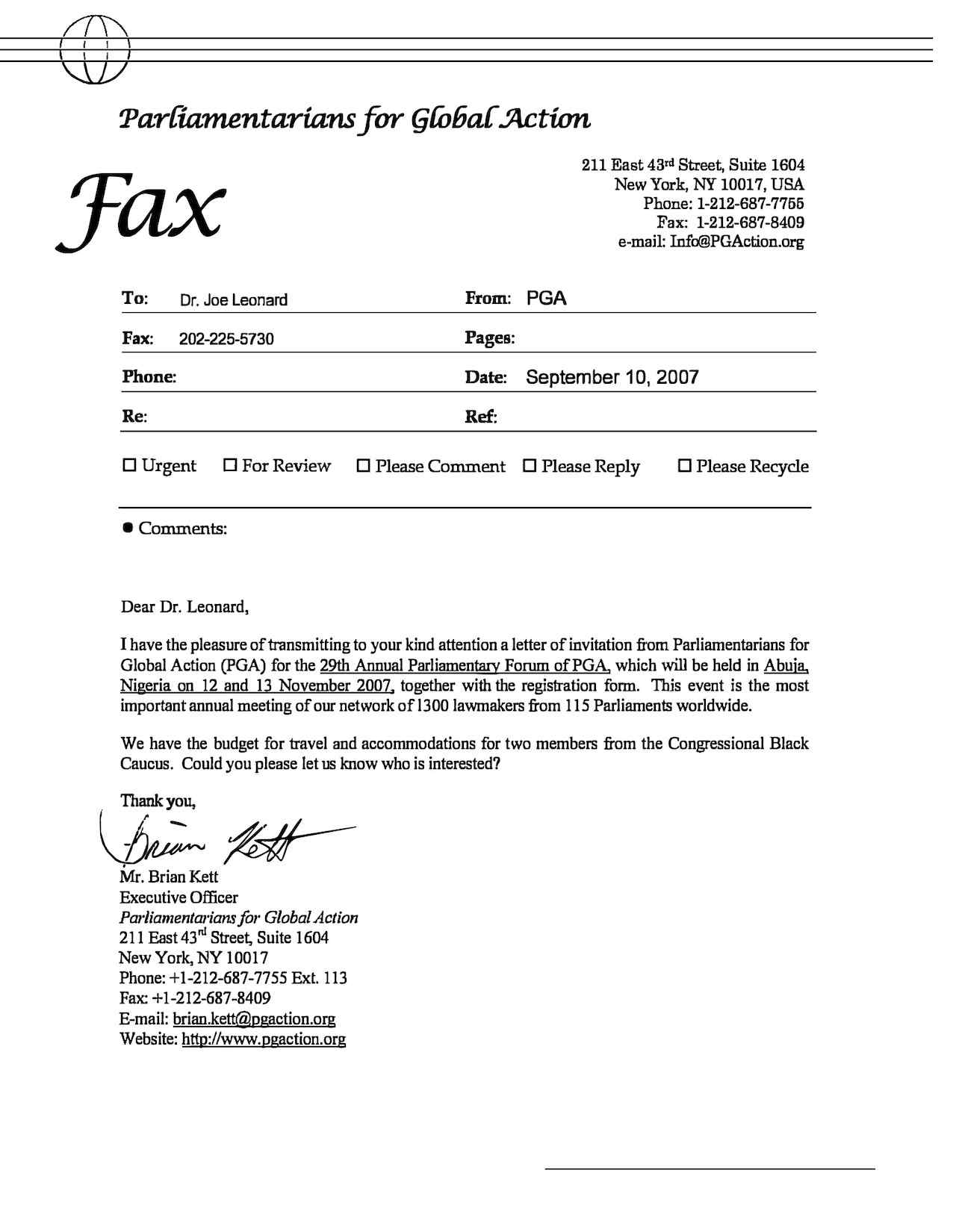 Invitations to 29th Annual Parliamentary Forum of PGA (2007)