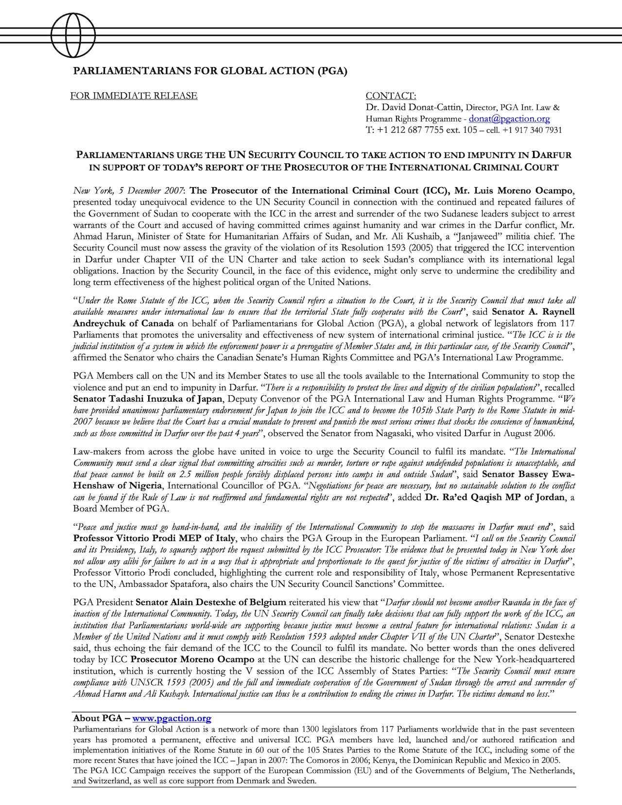 Parliamentarians Urge The UN Security Council To Take Action To End Impunity In Darfur In Support Of Today’s Report Of The Prosecutor Of The International Criminal Court