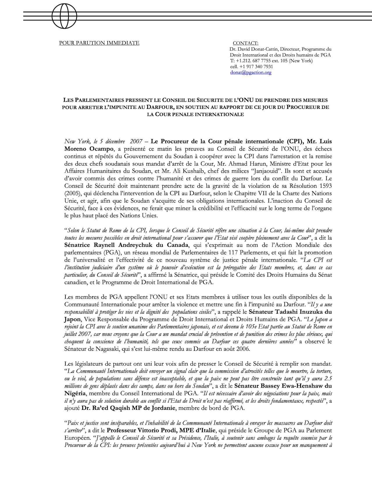 Les Parlementaires Pressent Le Conseil De Securite De L’onu De Prendre Des Mesures Pour Arreter L’impunite Au Darfour, En Soutien Au Rapport De Ce Jour Du Procureur De La Cour Penale Internationale