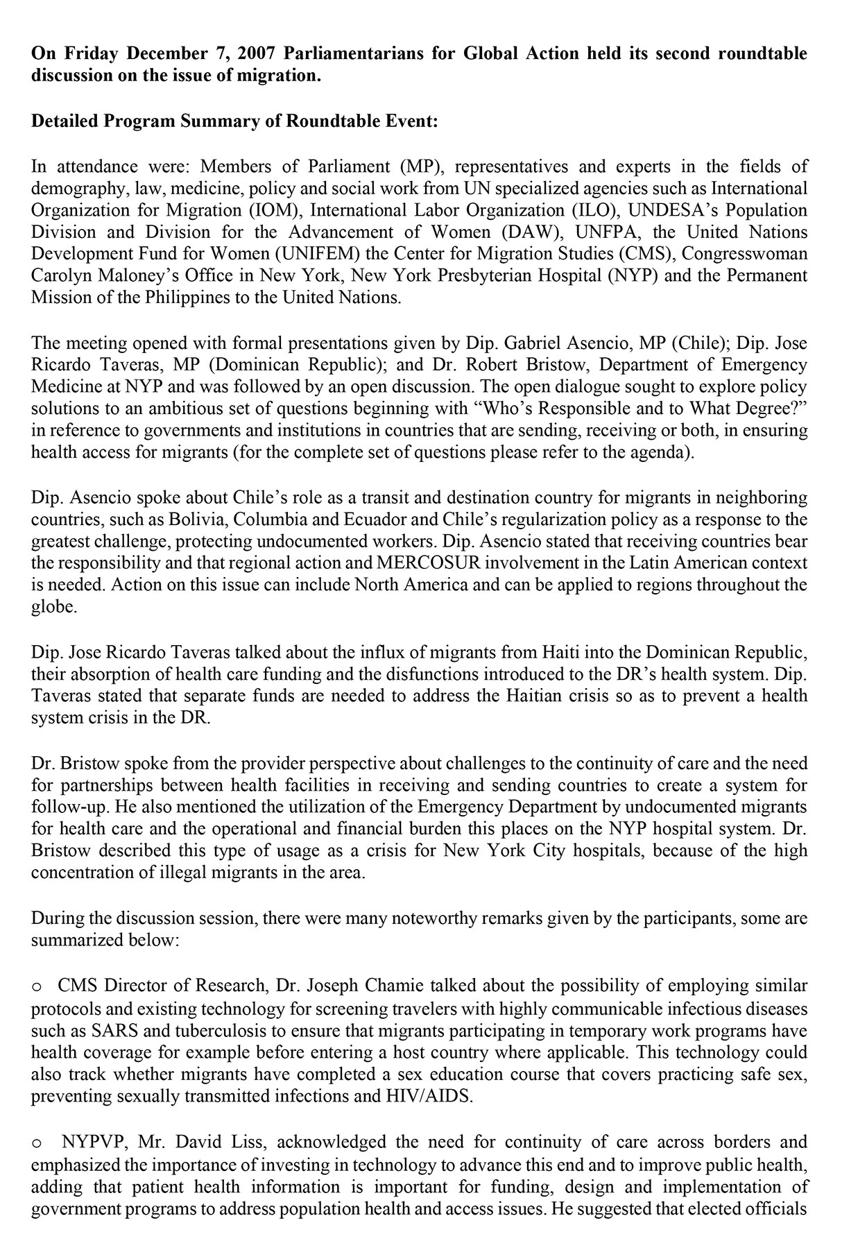 Summary: Second Roundtable Discussion on Issue of Migration (Dec. 2007)