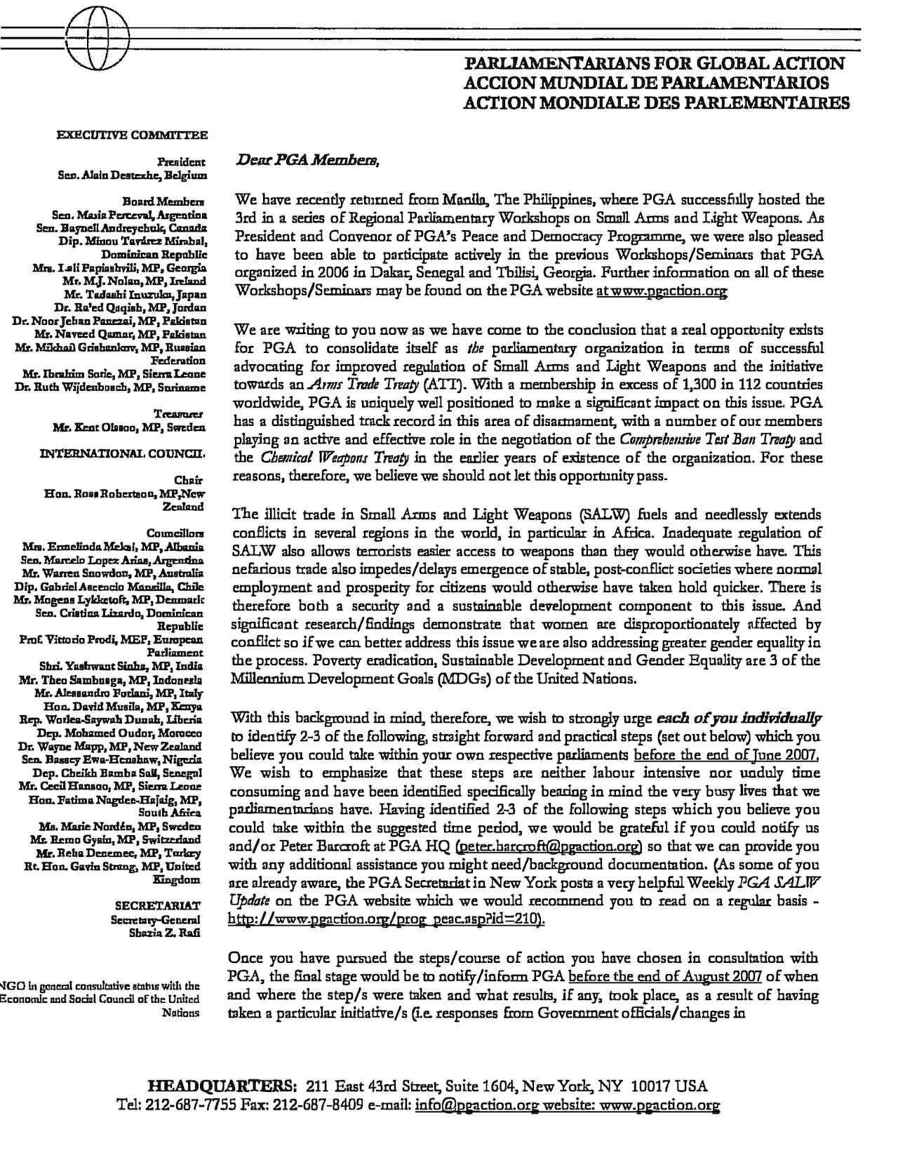 Suggested Steps for PGA Members Worldwide to Take On SALW/ATT (2007)