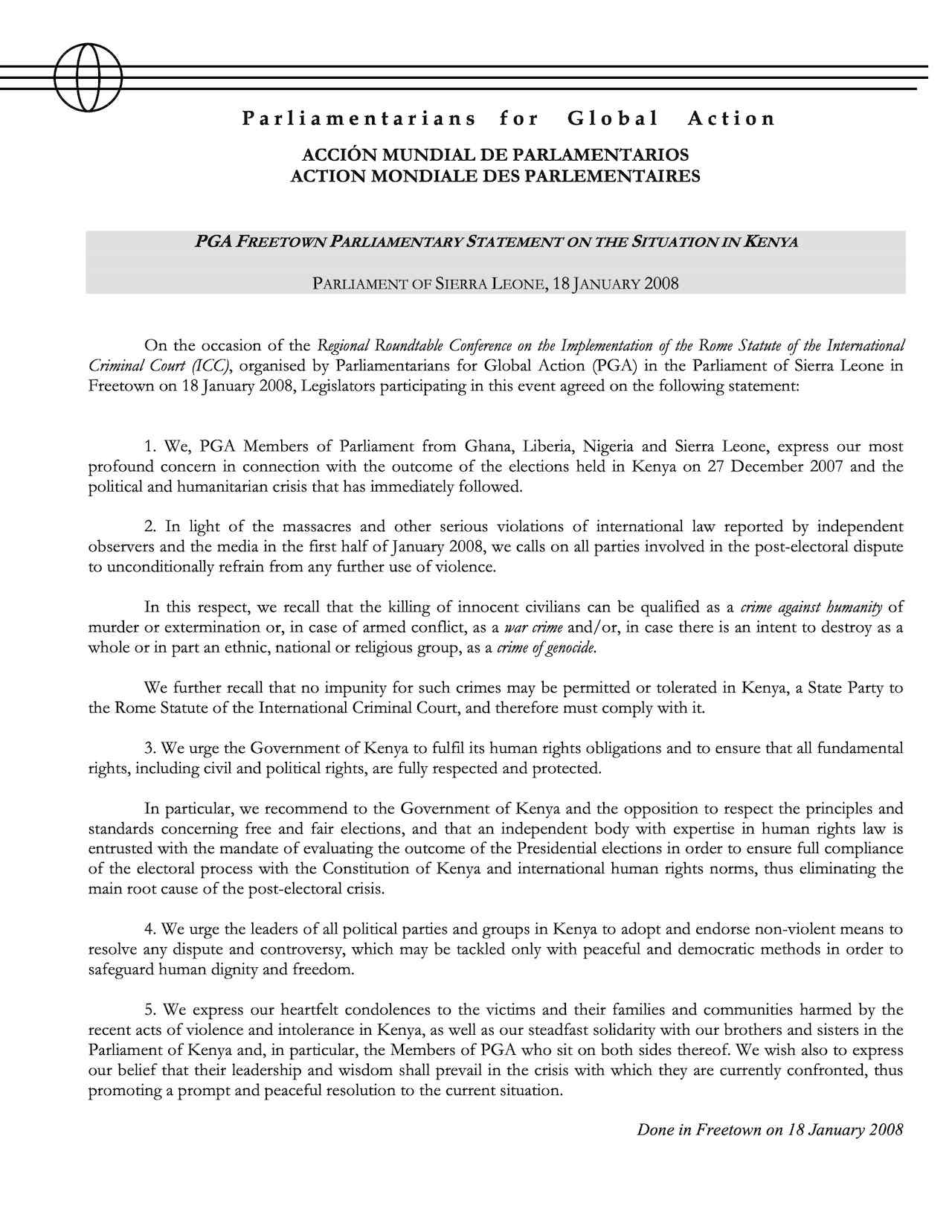 PGA Freetown Parliamentary Statement On The Situation In Kenya (Jan. 2008)