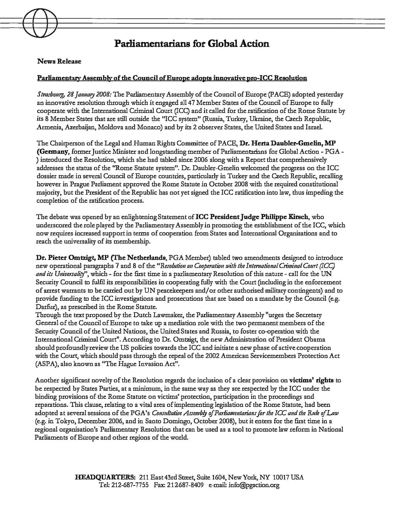 Parliamentary Assembly of the Council of Europe adopts innovative pro-ICC Resolution