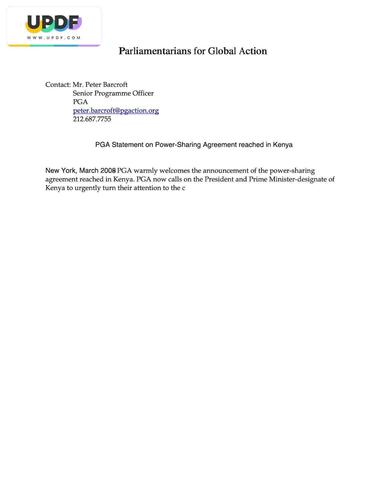 PGA Statement on Power-Sharing Agreement reached in Kenya (March 2008)