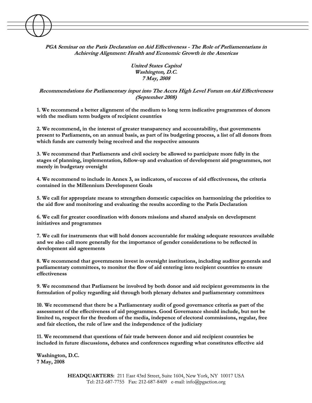 PGA Seminar on the Paris Declaration on Aid Effectiveness - The Role of Parliamentarians in Achieving Alignment: Health and Economic Growth in the Americas