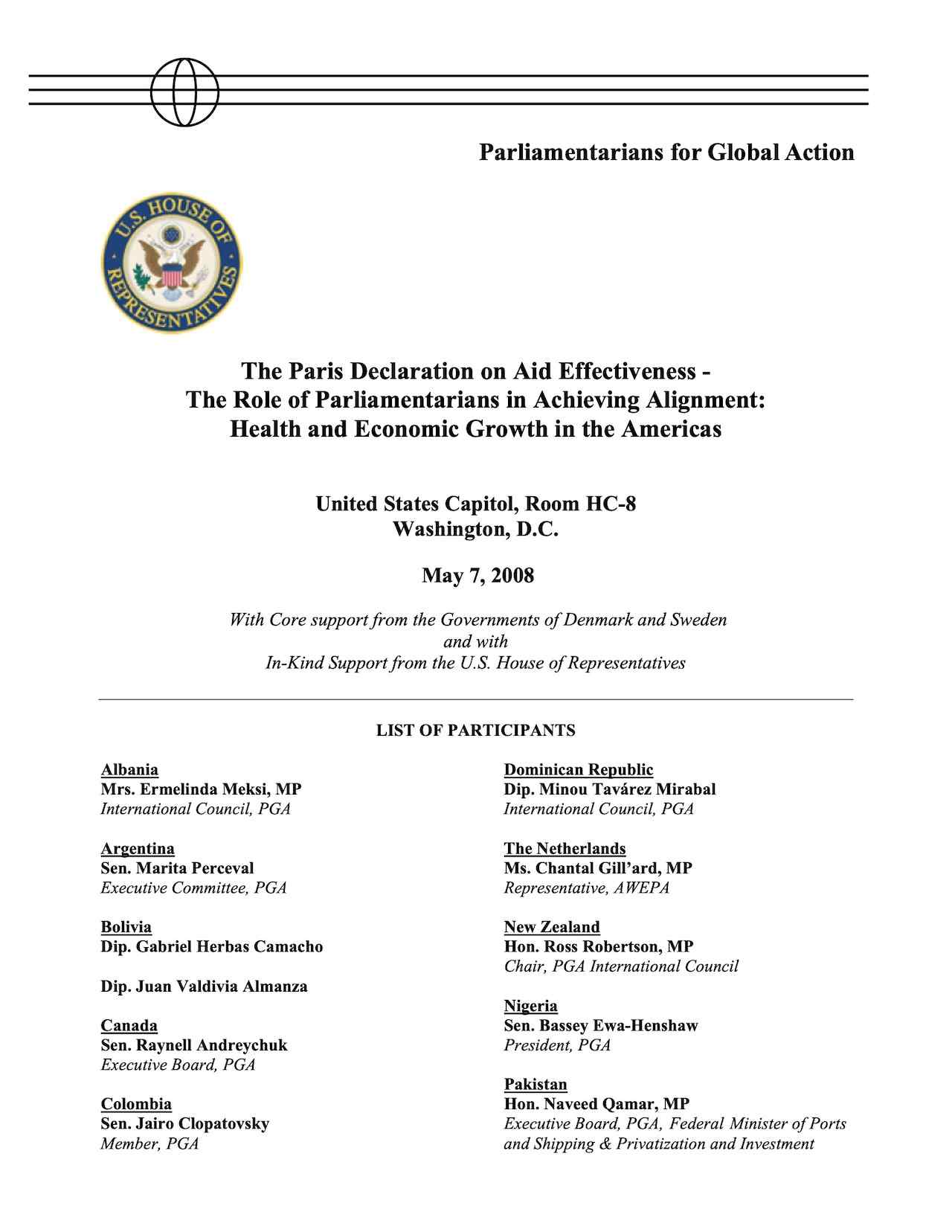 List of Participants: PGA Seminar on the Paris Declaration on Aid Effectiveness