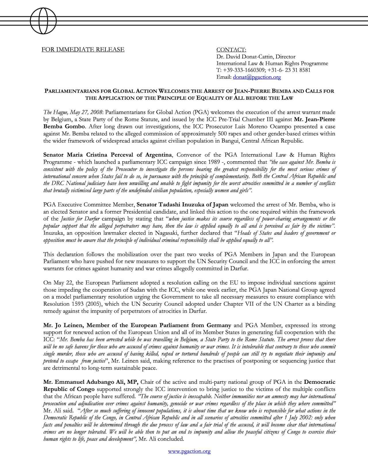 Parliamentarians For Global Action Welcomes The Arrest Of Jean-pierre Bemba And Calls For The Application Of The Principle Of Equality Of All Before The Law